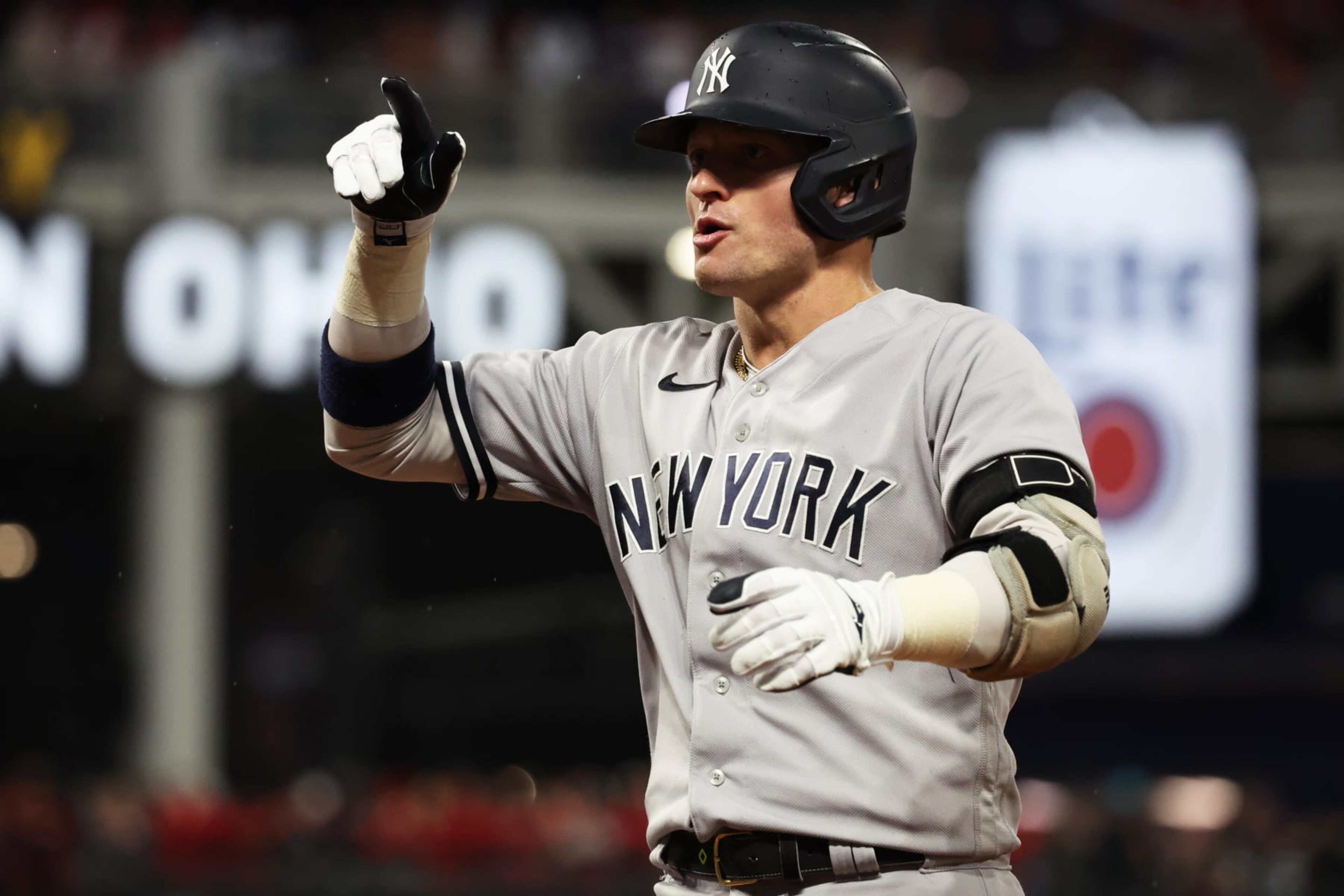 CLEVELAND, OH - OCTOBER 16: Josh Donaldson #28 of the New York Yankees reacts after singling in the second inning during the game between the New York Yankees and the Cleveland Guardians at Progressive Field on Sunday, October 16, 2022 in Cleveland, Ohio. (Photo by Mary DeCicco/MLB Photos via Getty Images) CLEVELAND, OH - OCTOBER 16: Josh Donaldson #28 of the New York Yankees reacts after singling in the second inning during the game between the New York Yankees and the Cleveland Guardians at Progressive Field on Sunday, October 16, 2022 in Cleveland, Ohio. (Photo by Mary DeCicco/MLB Photos via Getty Images)