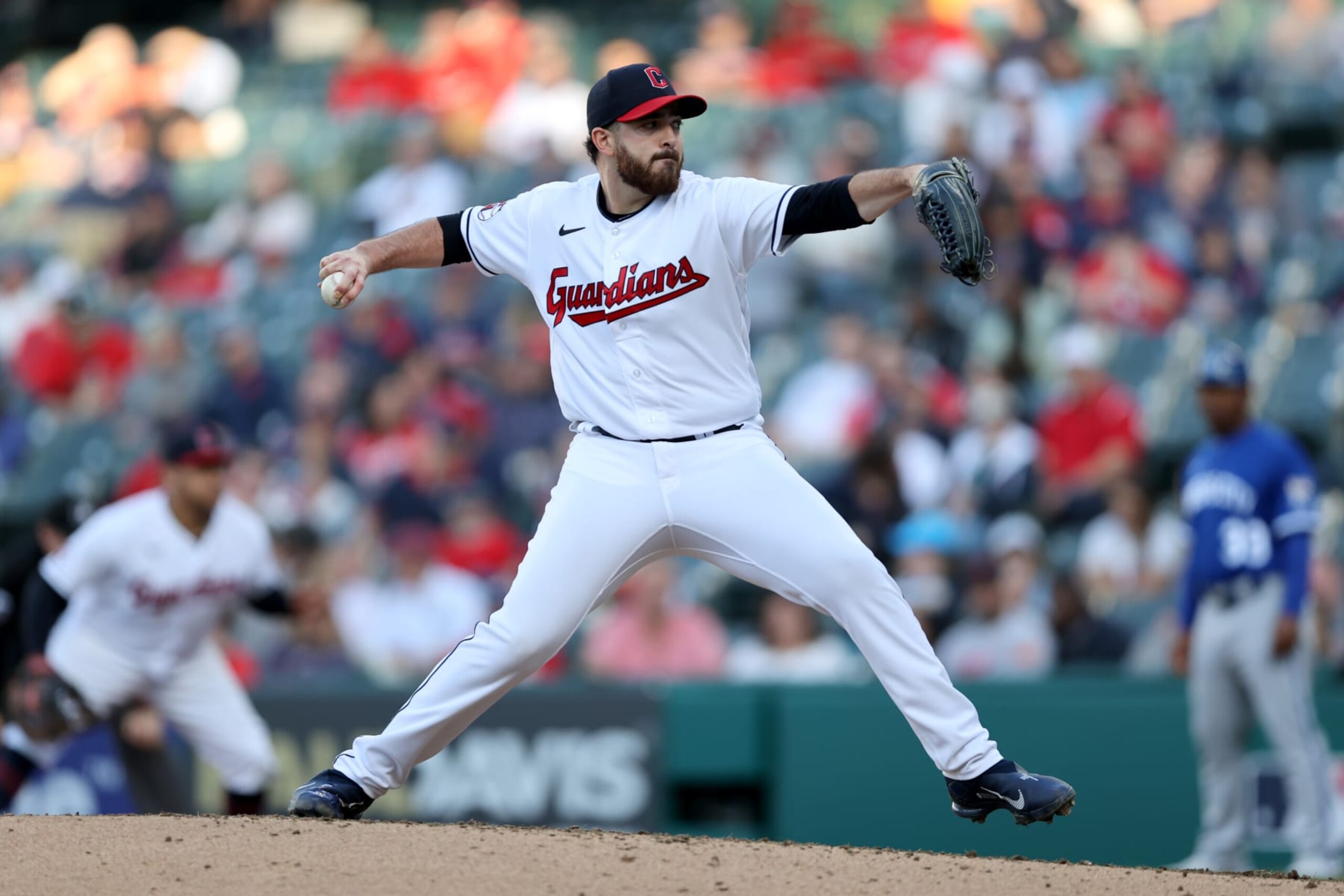 CLEVELAND, OH - OCTOBER 05: Cleveland Guardians starting pitcher Aaron Civale (43) delivers a pitch to the plate during the sixth inning of the Major League Baseball game between the Kansas City Royals and Cleveland Guardians on October 5, 2022, at Progressive Field in Cleveland, OH. (Photo by Frank Jansky/Icon Sportswire via Getty Images)