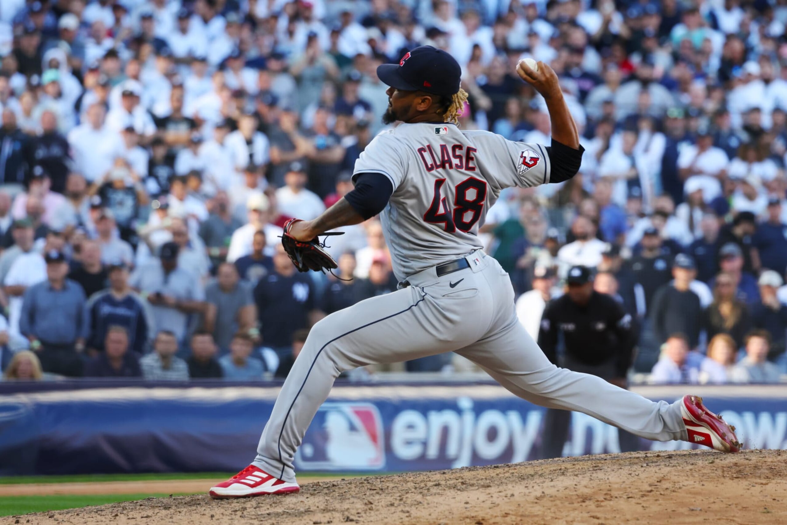 NEW YORK, NY - OCTOBER 14: Emmanuel Clase #48 of the Cleveland Guardians pitches in the eighth inning during the game between the Cleveland Guardians and the New York Yankees at Yankee Stadium on Friday, October 14, 2022 in New York, New York. (Photo by Mary DeCicco/MLB Photos via Getty Images)