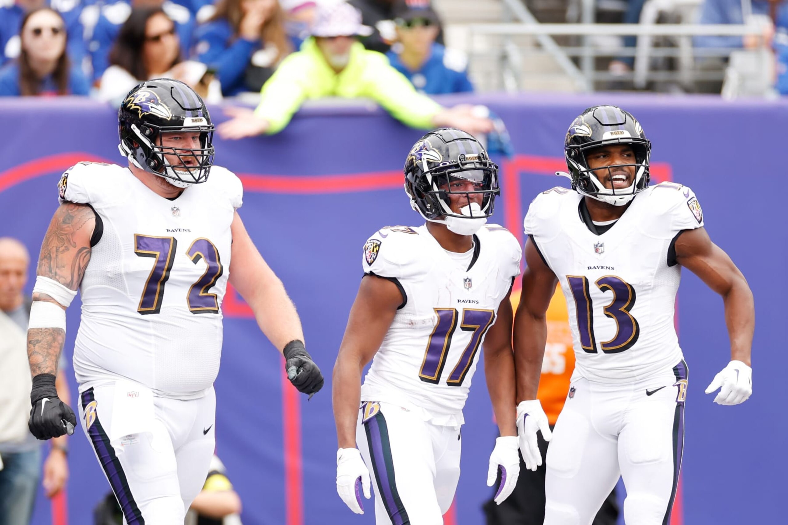 EAST RUTHERFORD, NEW JERSEY - OCTOBER 16: Kenyan Drake #17 of the Baltimore Ravens celebrates his touchdown with Ben Powers #72 and Devin Duvernay #13 during the second quarter against the New York Giants at MetLife Stadium on October 16, 2022 in East Rutherford, New Jersey. (Photo by Sarah Stier/Getty Images)