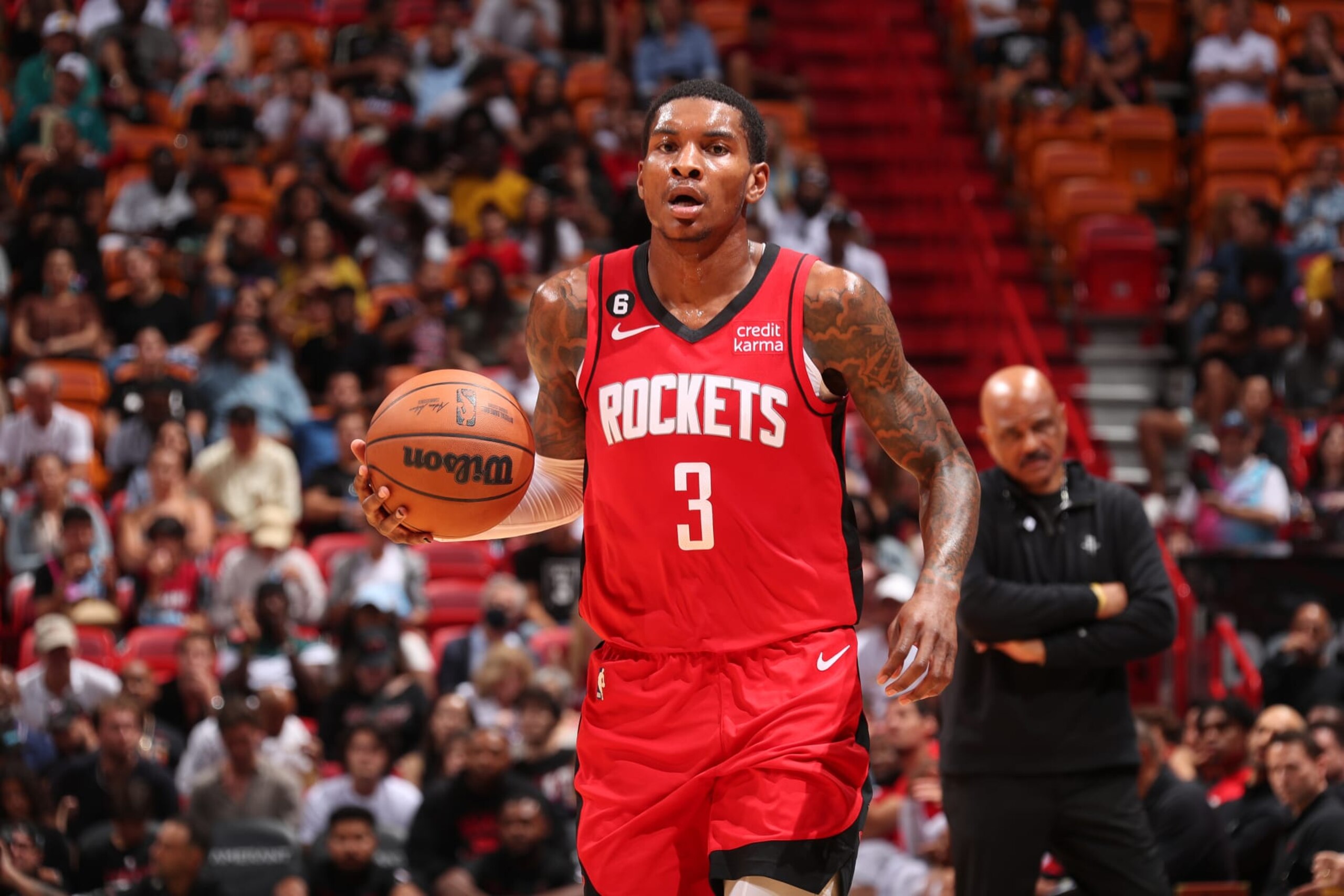 MIAMI, FL - OCTOBER 10: Kevin Porter Jr. #3 of the Houston Rockets handles the ball during the game against the Miami Heat on October 10, 2022 at FTX Arena in Miami, Florida. NOTE TO USER: User expressly acknowledges and agrees that, by downloading and or using this Photograph, user is consenting to the terms and conditions of the Getty Images License Agreement. Mandatory Copyright Notice: Copyright 2022 NBAE (Photo by Oscar Baldizon/NBAE via Getty Images)