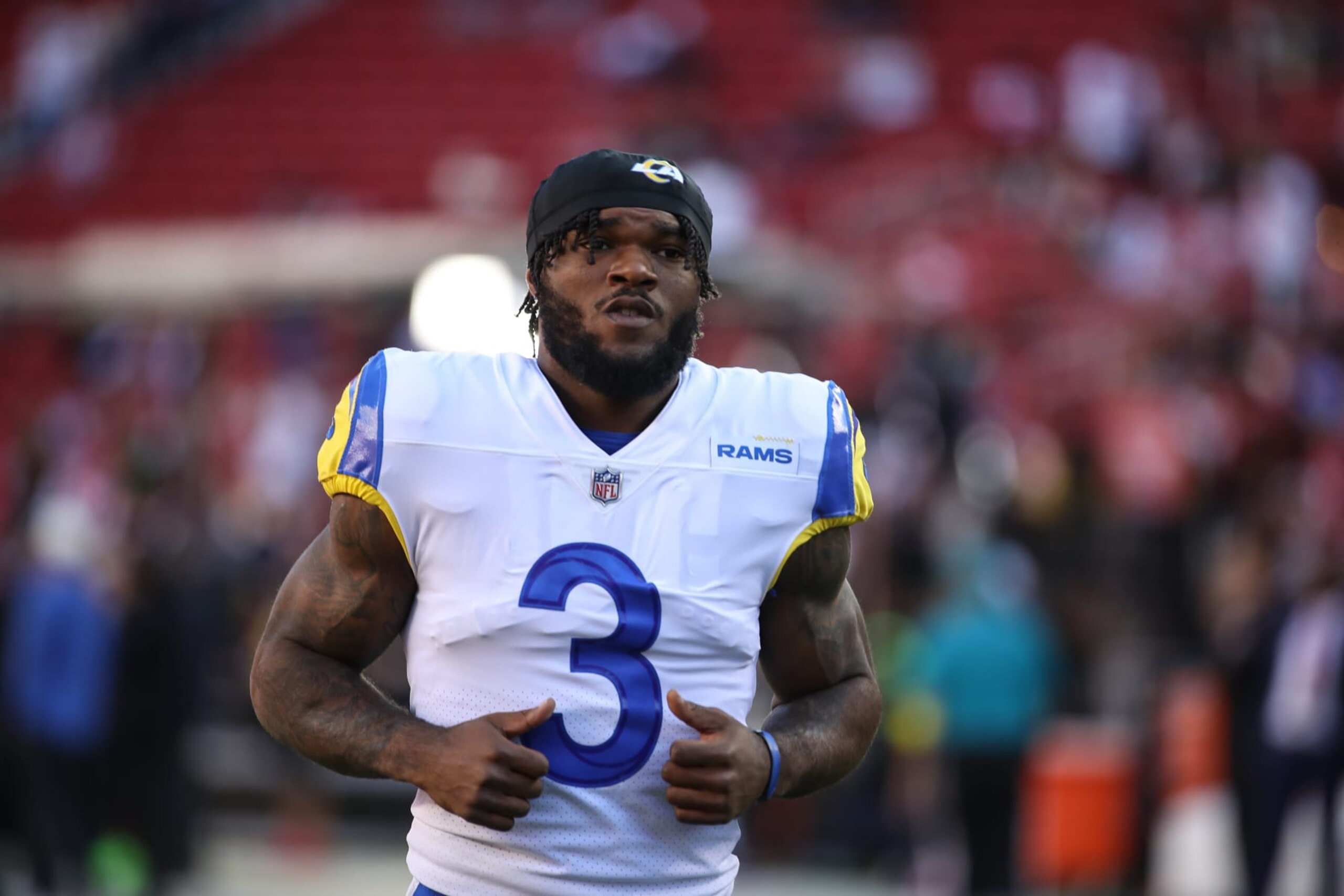 SANTA CLARA, CA - OCTOBER 03:  Los Angeles Rams running back Cam Akers (3) during the NFL game between the Los Angeles Rams and the San Francisco 49ers on October 03, 2022, at Levi's Stadium in Santa Clara, CA. (Photo by Jevone Moore/Icon Sportswire via Getty Images)