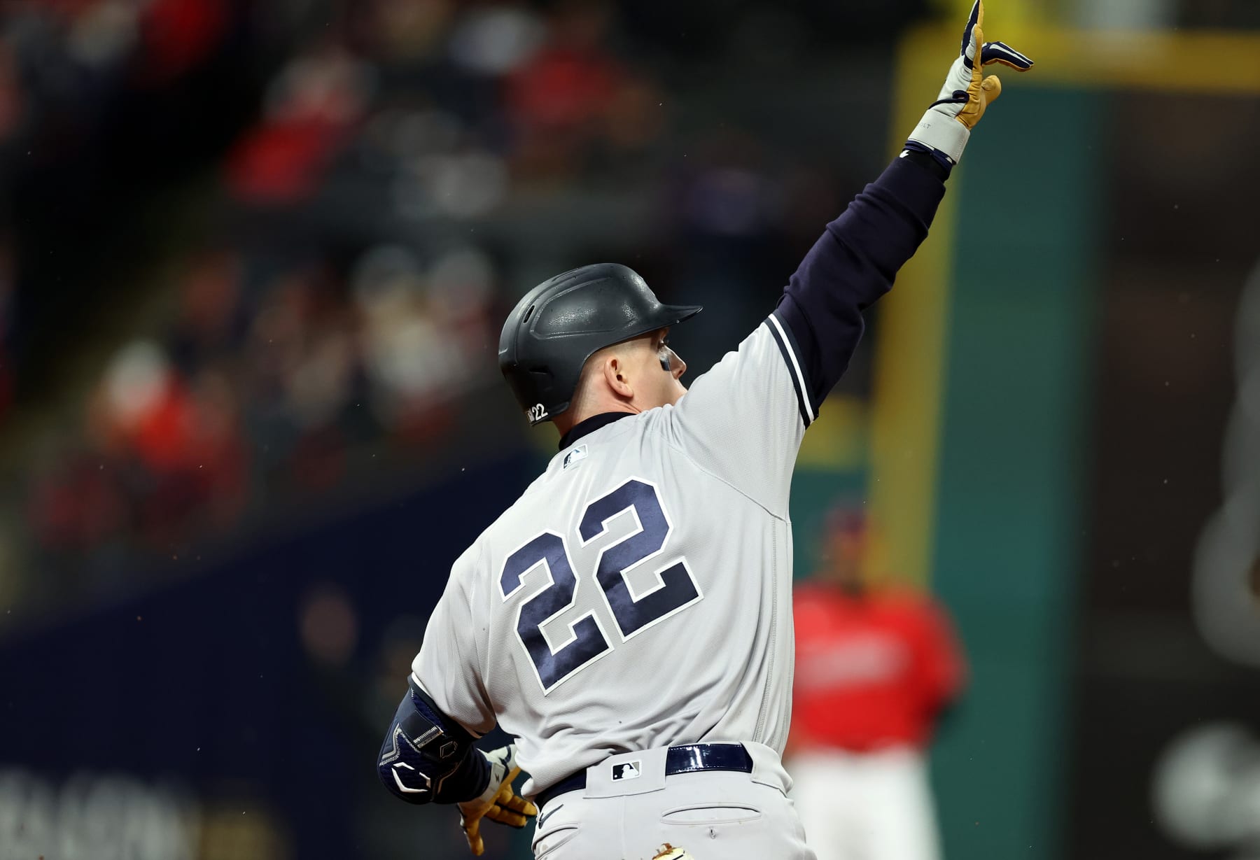 CLEVELAND, OHIO - OCTOBER 16: Harrison Bader #22 of the New York Yankees rounds the bases after hitting a two-run home run against the Cleveland Guardians during the second inning in game four of the American League Division Series at Progressive Field on October 16, 2022 in Cleveland, Ohio. (Photo by Christian Petersen/Getty Images)