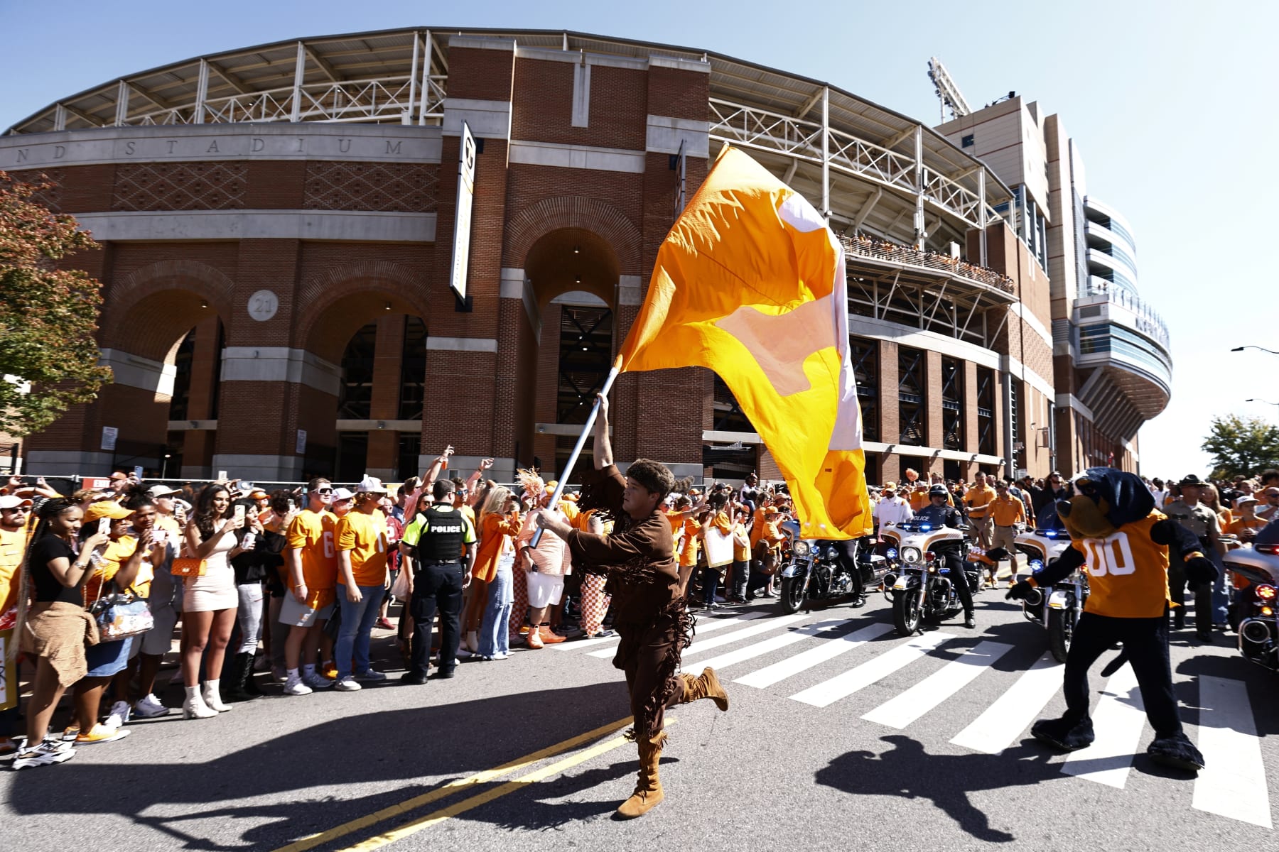 Tennessee mascots celebrate during the Vol Walk before an NCAA college football game against Alabama Saturday, Oct. 15, 2022, in Knoxville, Tenn. (AP Photo/Wade Payne)