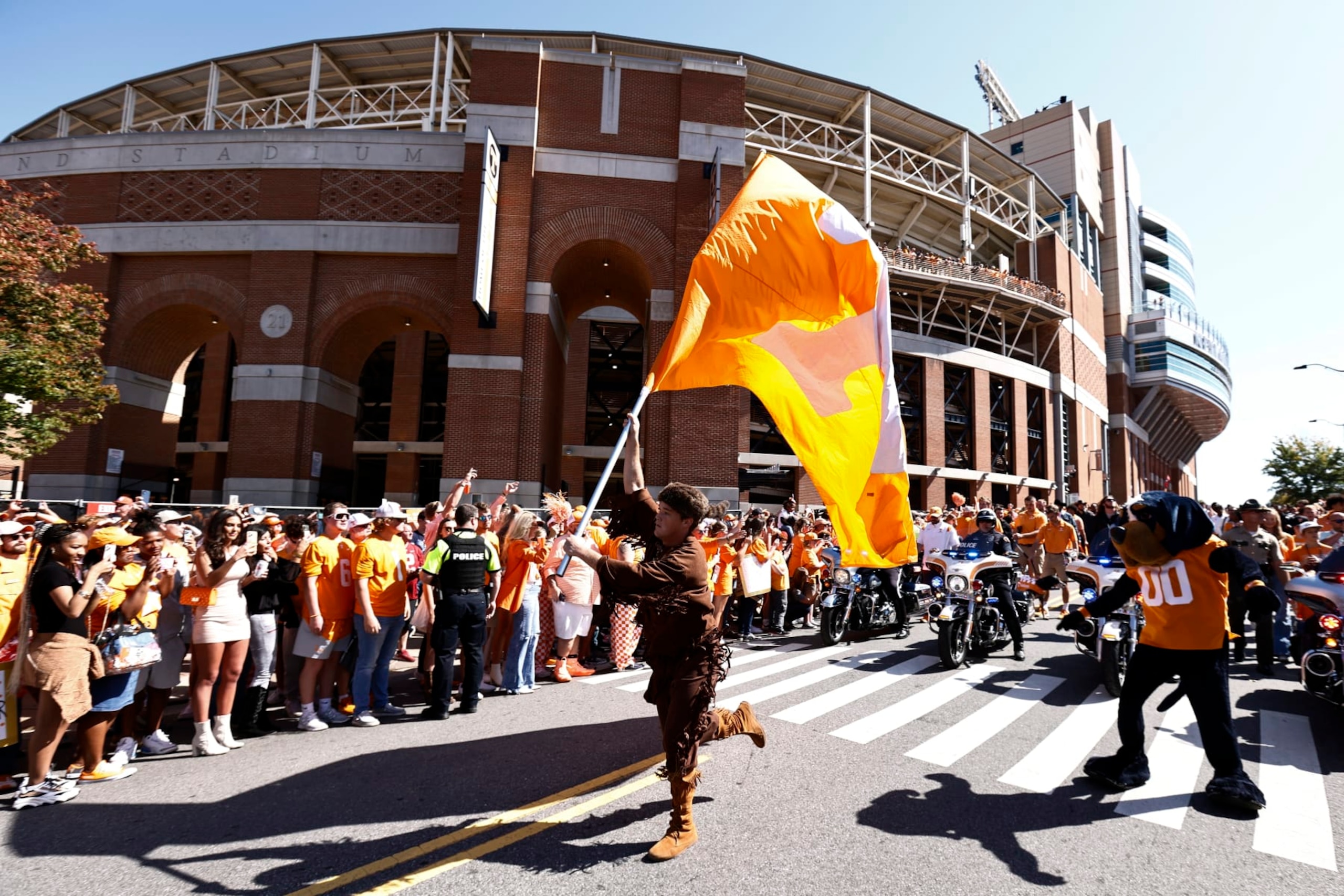 Tennessee mascots celebrate during the Vol Walk before an NCAA college football game against Alabama Saturday, Oct. 15, 2022, in Knoxville, Tenn. (AP Photo/Wade Payne)