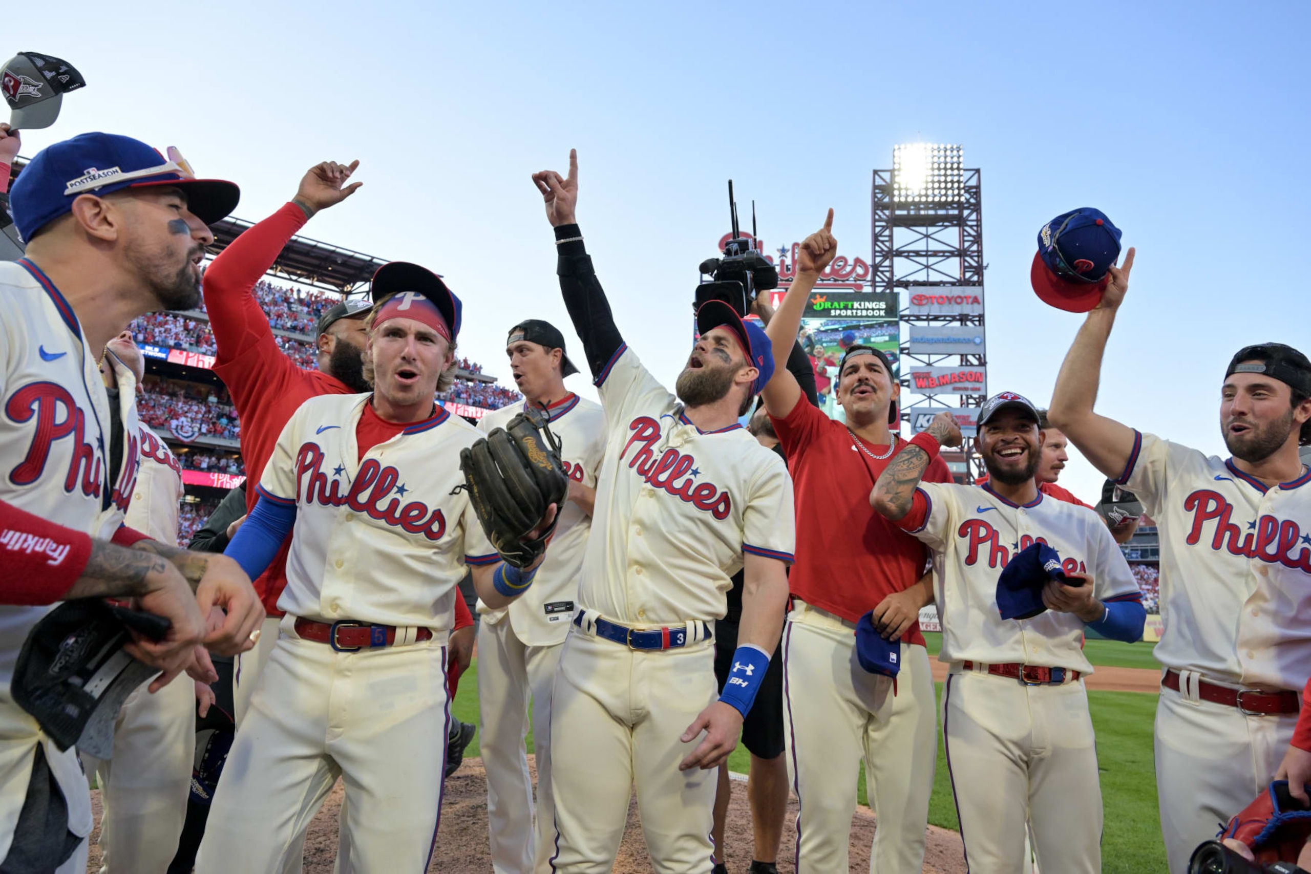 PHILADELPHIA, PA - OCTOBER 15:   Members of the Philadelphia Phillies celebrate their win over the Atlanta Braves at Citizens Bank Park on Saturday, October 15, 2022 in Philadelphia, Pennsylvania. (Photo by Drew Hallowell/MLB Photos via Getty Images)