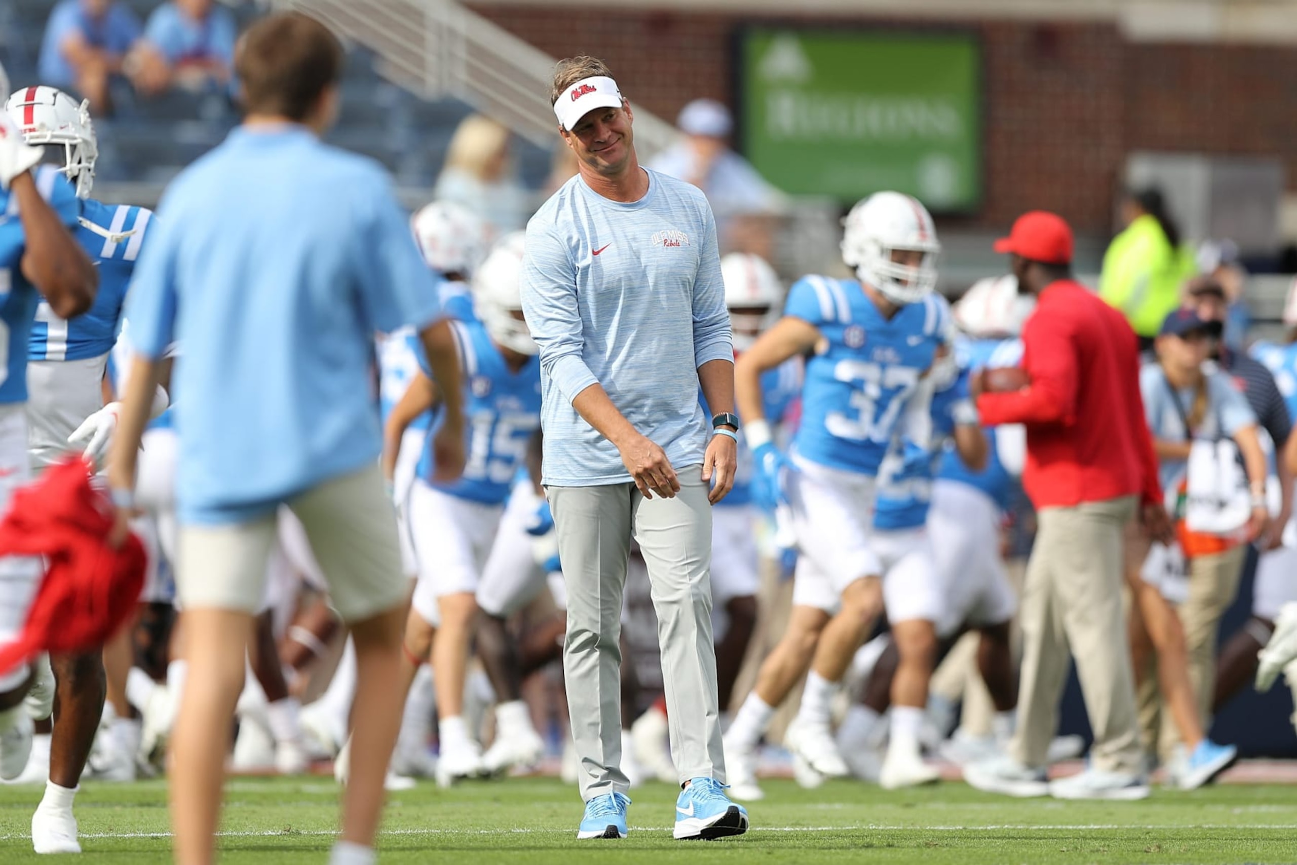 OXFORD, MISSISSIPPI - OCTOBER 15: head coach Lane Kiffin of the Mississippi Rebels  before the game against the Auburn Tigers at Vaught-Hemingway Stadium on October 15, 2022 in Oxford, Mississippi. (Photo by Justin Ford/Getty Images)