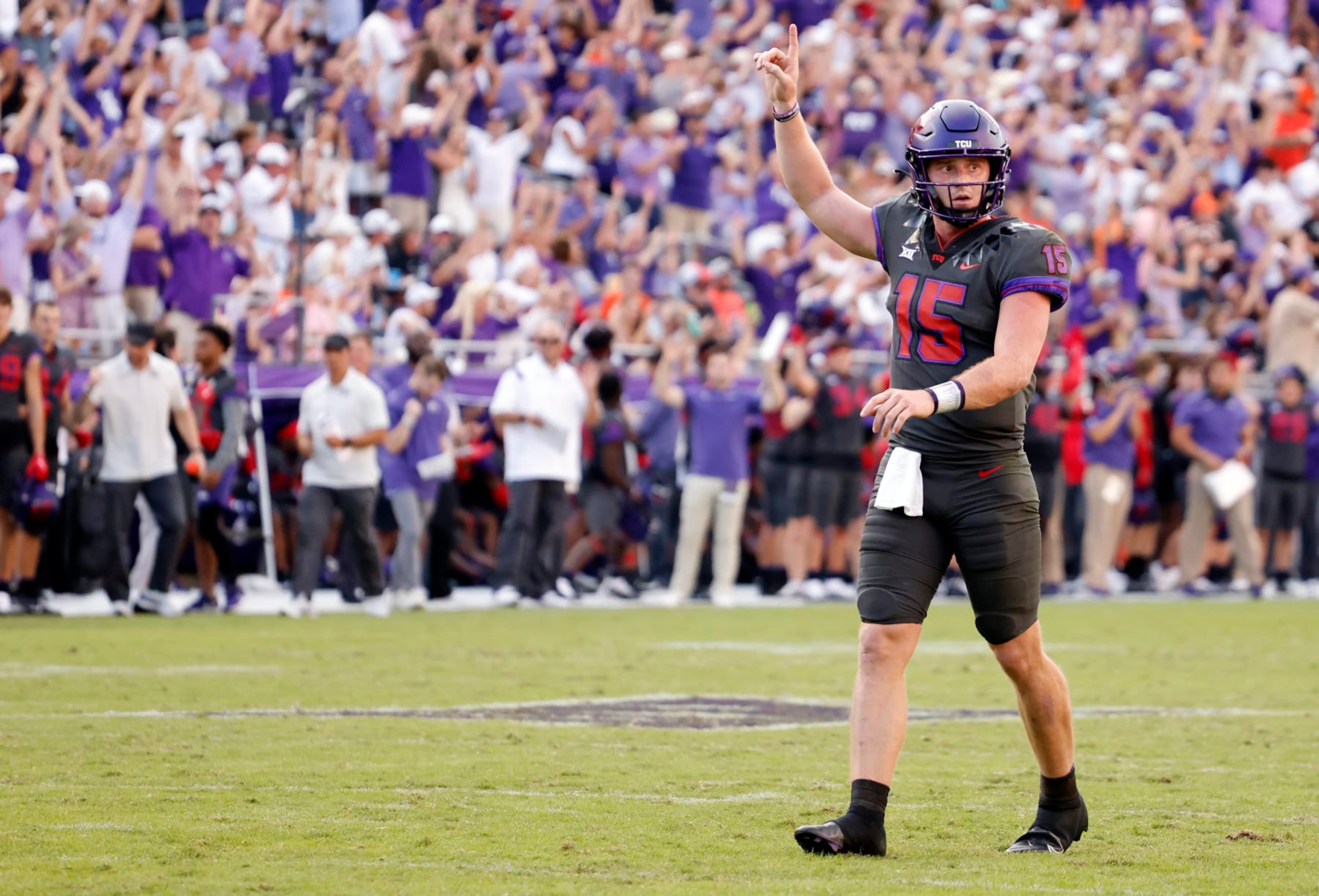 FORT WORTH, TX - OCTOBER 15: Max Duggan #15 of the TCU Horned Frogs reacts after throwing a touchdown pass during the first overtime at Amon G. Carter Stadium on October 15, 2022 in Fort Worth, Texas. TCU won 43-40 in double overtime. (Photo by Ron Jenkins/Getty Images)