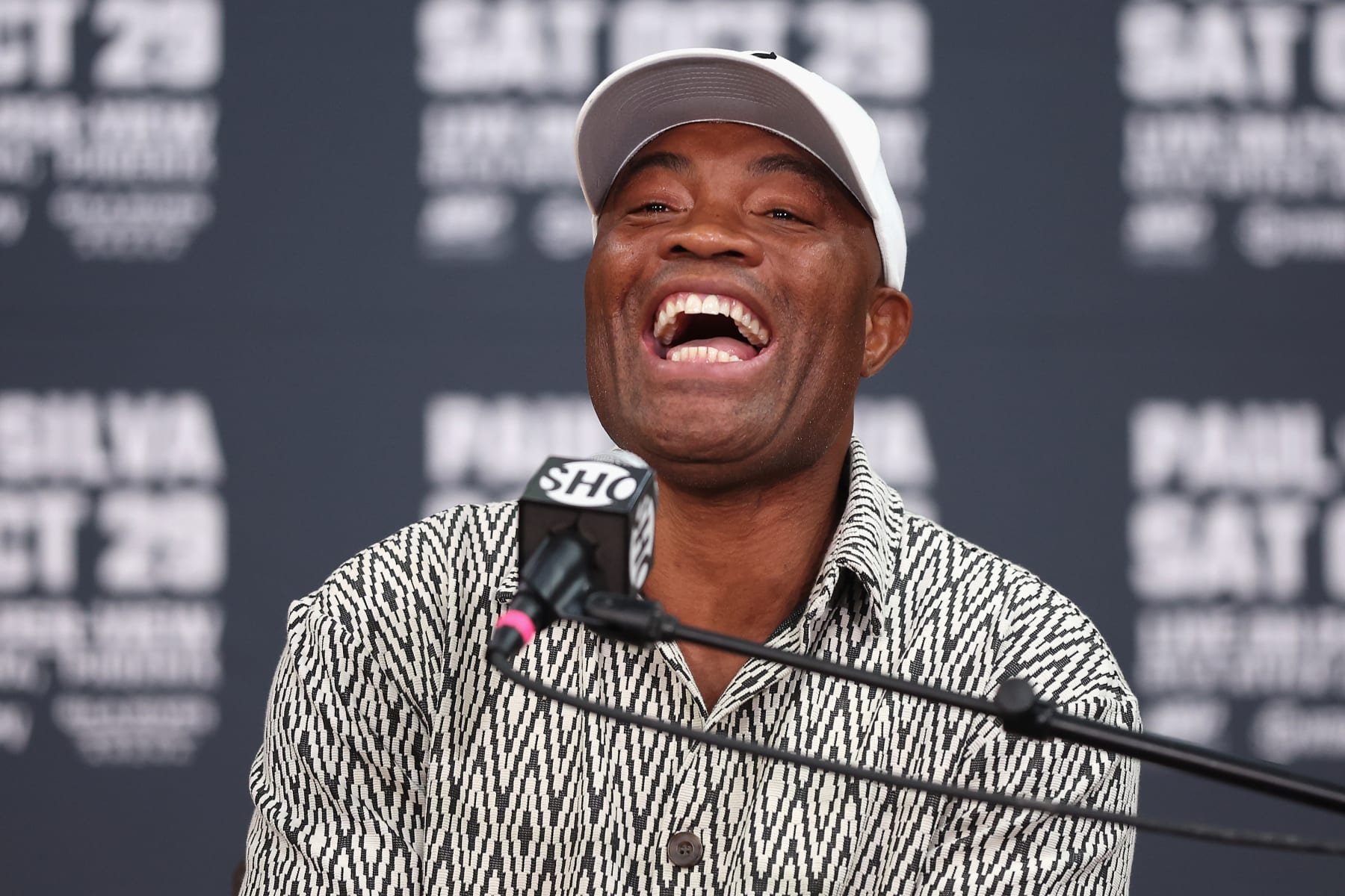 GLENDALE, ARIZONA - SEPTEMBER 13:  Anderson SIlva speaks during a Jake Paul v Anderson Silva press conference at Gila River Arena on September 13, 2022 in Glendale, Arizona. (Photo by Christian Petersen/Getty Images)