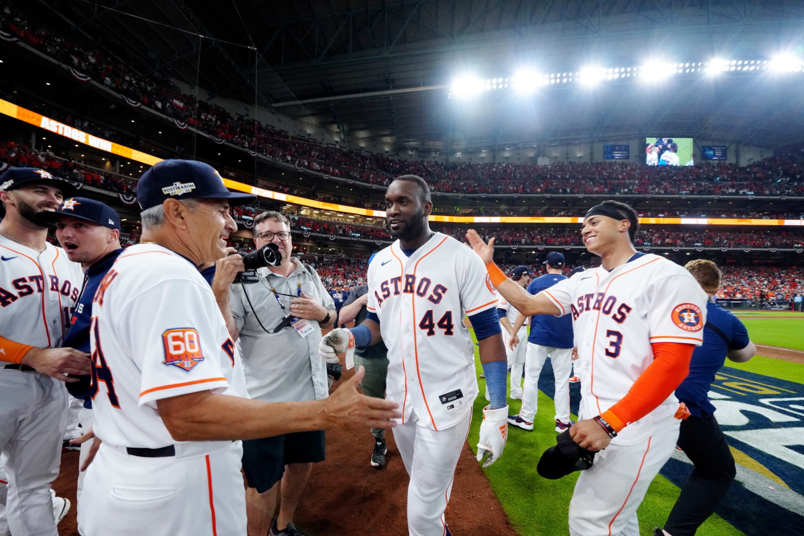 HOUSTON, TX - OCTOBER 11:  Yordan Alvarez #44 of the Houston Astros celebrates with teammates after hitting a walk off three-run home run too beat the Seattle Mariners at Minute Maid Park on Tuesday, October 11, 2022 in Houston, Texas. (Photo by Daniel Shirey/MLB Photos via Getty Images)