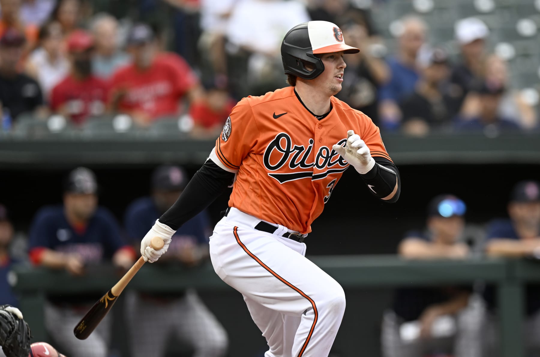 BALTIMORE, MARYLAND - SEPTEMBER 10: Adley Rutschman #35 of the Baltimore Orioles bats against the Boston Red Sox at Oriole Park at Camden Yards on September 10, 2022 in Baltimore, Maryland. (Photo by G Fiume/Getty Images)