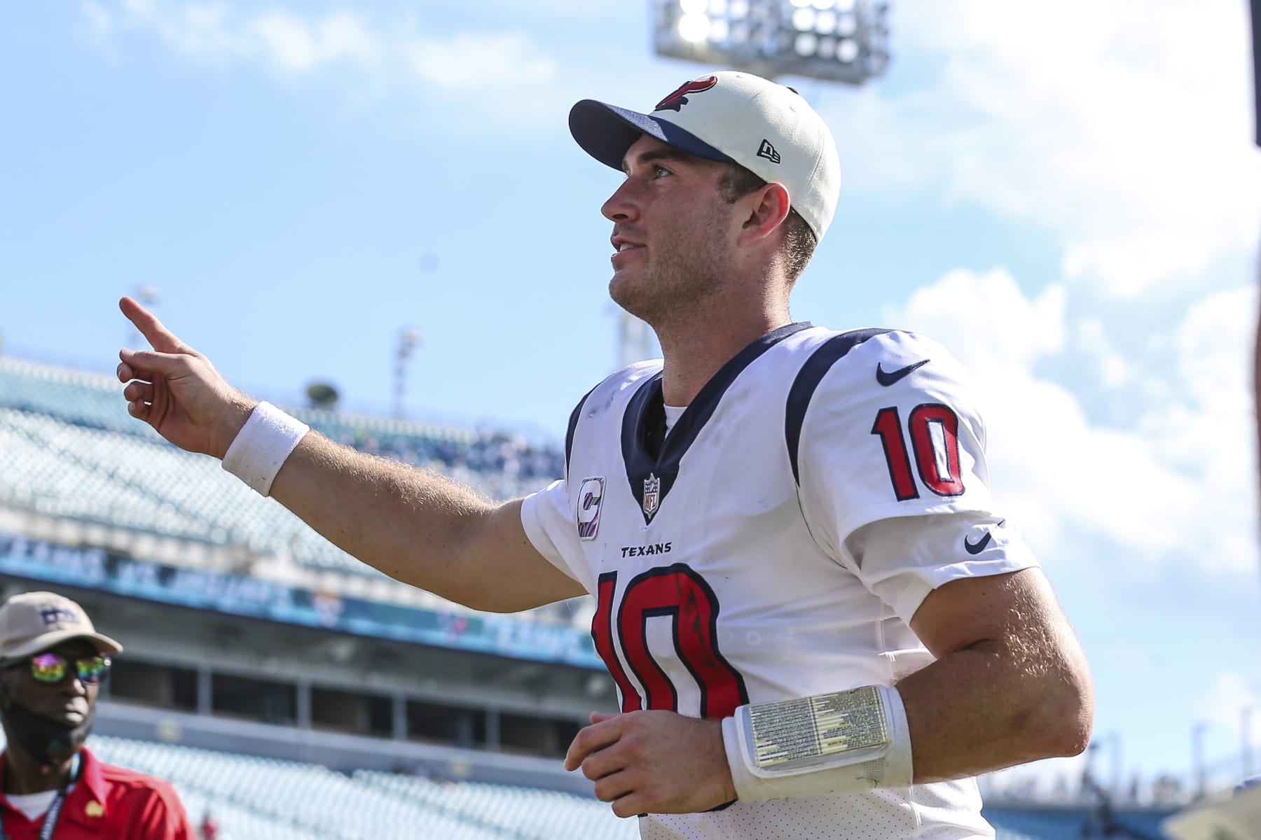 Houston Texans quarterback Davis Mills (10) leaving the field after an NFL football game against the Jacksonville Jaguars on Sunday, Oct. 9, 2022, in Jacksonville, Fla. (AP Photo/Gary McCullough)