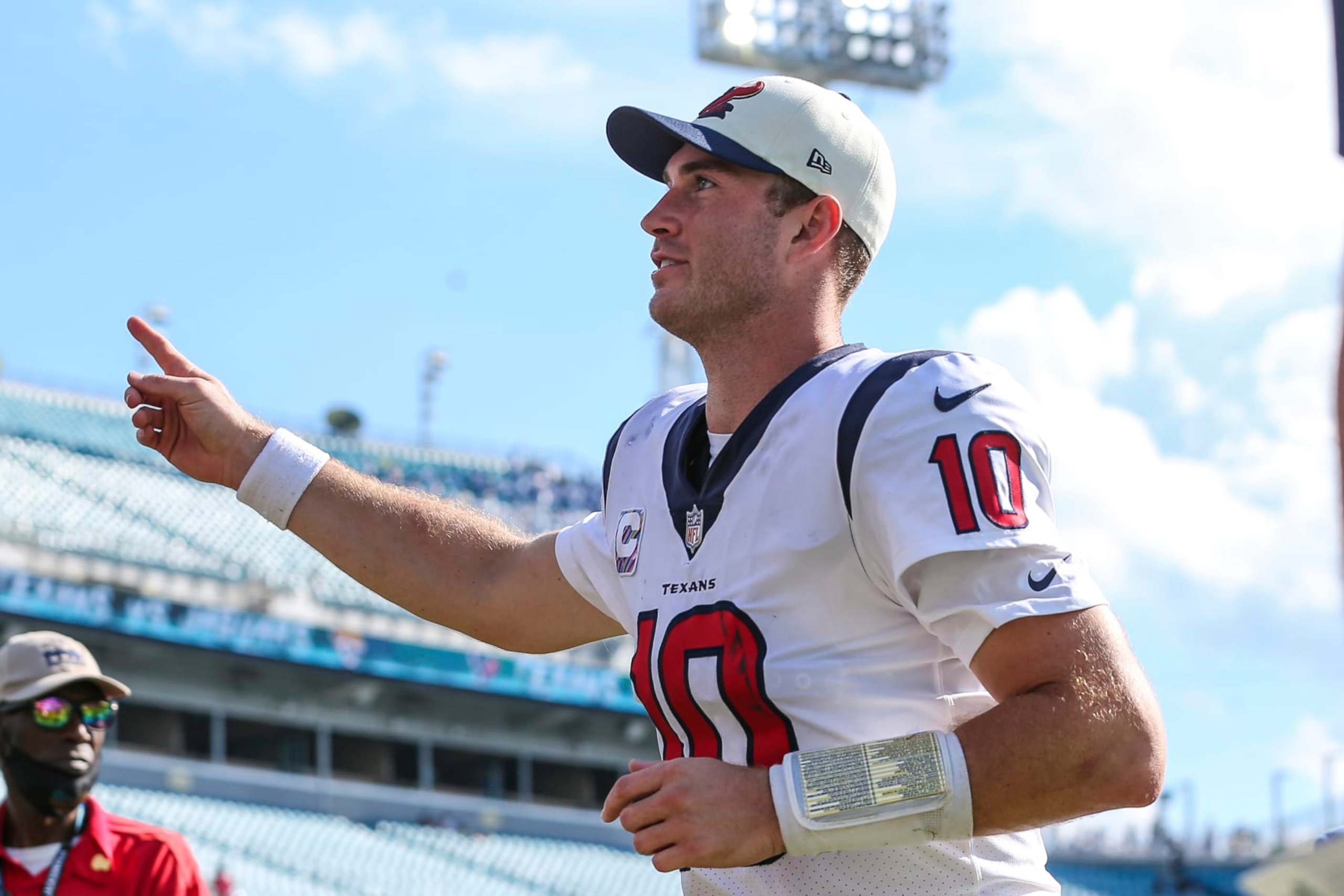 Houston Texans quarterback Davis Mills (10) leaving the field after an NFL football game against the Jacksonville Jaguars on Sunday, Oct. 9, 2022, in Jacksonville, Fla. (AP Photo/Gary McCullough) Houston Texans quarterback Davis Mills (10) leaving the field after an NFL football game against the Jacksonville Jaguars on Sunday, Oct. 9, 2022, in Jacksonville, Fla. (AP Photo/Gary McCullough)