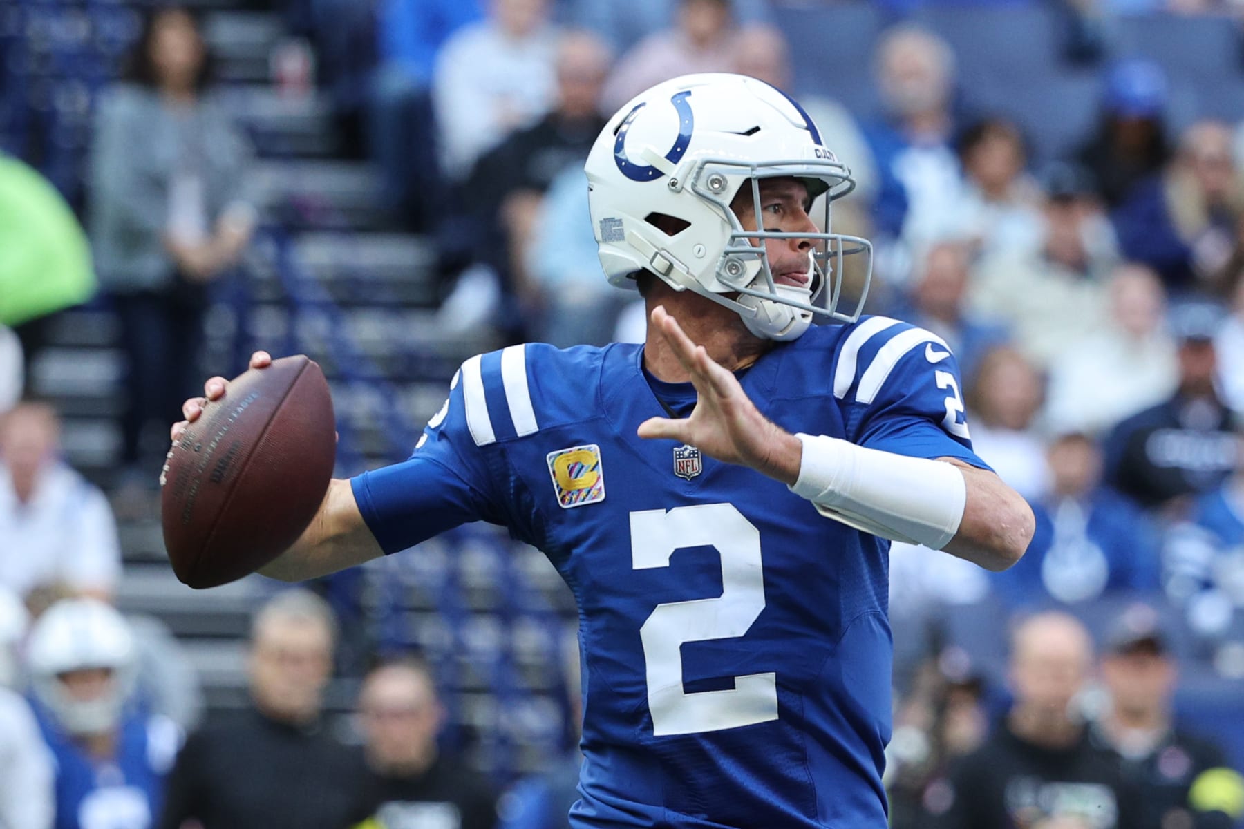 INDIANAPOLIS, INDIANA - OCTOBER 16: Matt Ryan #2 of the Indianapolis Colts passes against the Jacksonville Jaguars during the first half at Lucas Oil Stadium on October 16, 2022 in Indianapolis, Indiana. (Photo by Michael Hickey/Getty Images)