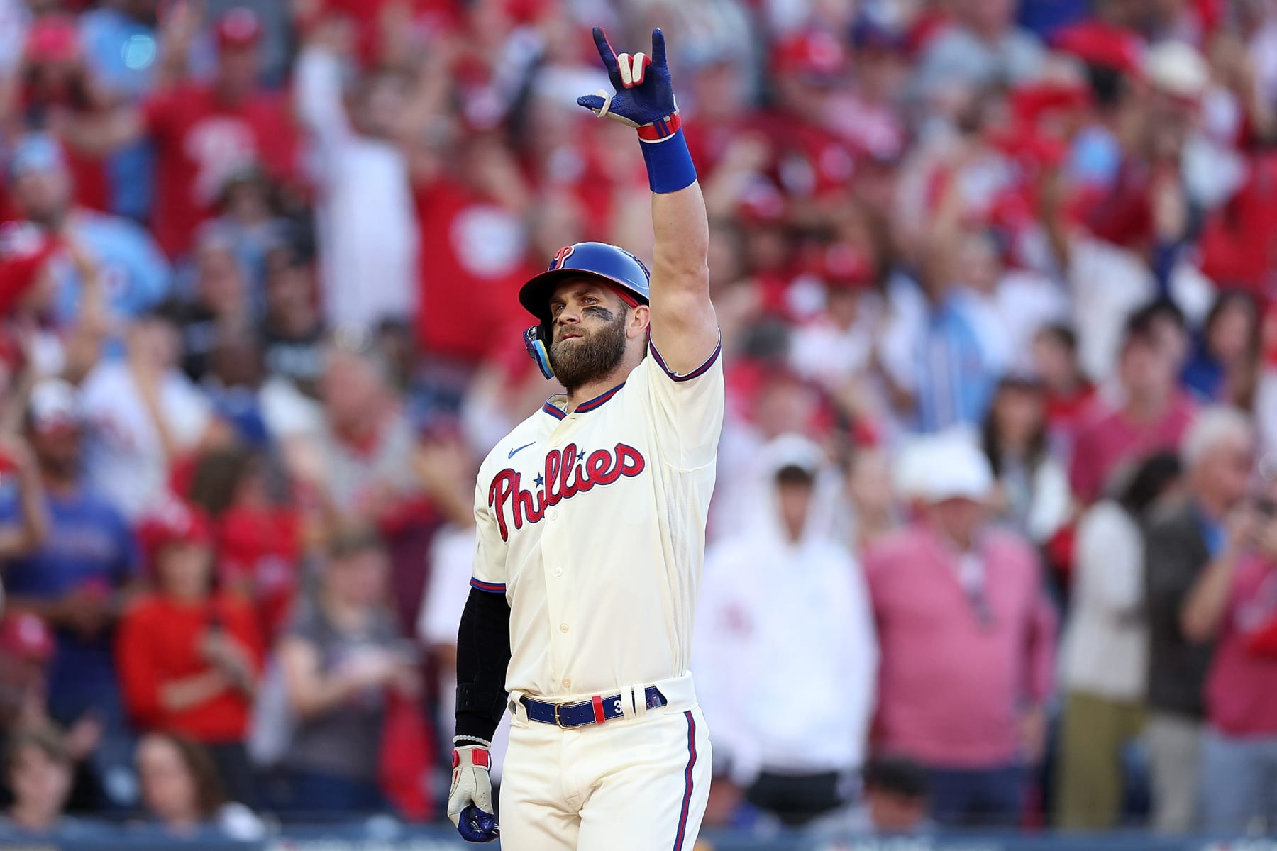 PHILADELPHIA, PENNSYLVANIA - OCTOBER 15: Bryce Harper #3 of the Philadelphia Phillies celebrates a home run against the Atlanta Braves during the eighth inning in game four of the National League Division Series at Citizens Bank Park on October 15, 2022 in Philadelphia, Pennsylvania. (Photo by Patrick Smith/Getty Images)