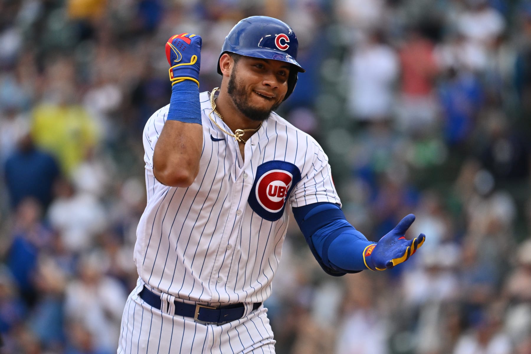 CHICAGO, IL - AUGUST 20:  Willson Contreras #40 of the Chicago Cubs celebrates while rounding the bases after hitting a two-run home run in the fifth inning against the Milwaukee Brewers at Wrigley Field on August 20, 2022 in Chicago, Illinois.  (Photo by Jamie Sabau/Getty Images)
