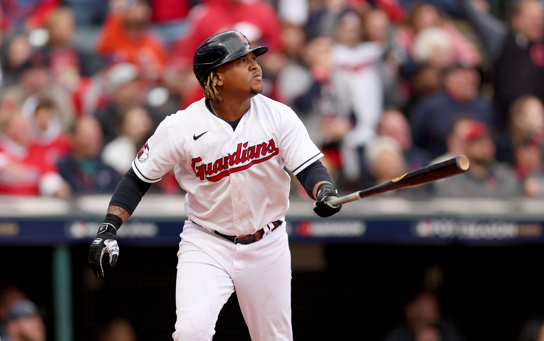 CLEVELAND, OHIO - OCTOBER 07: Jose Ramirez #11 of the Cleveland Guardians hits a two RBI home run in the sixth inning against the Tampa Bay Rays in game one of the Wild Card Series at Progressive Field on October 07, 2022 in Cleveland, Ohio. (Photo by Patrick Smith/Getty Images)