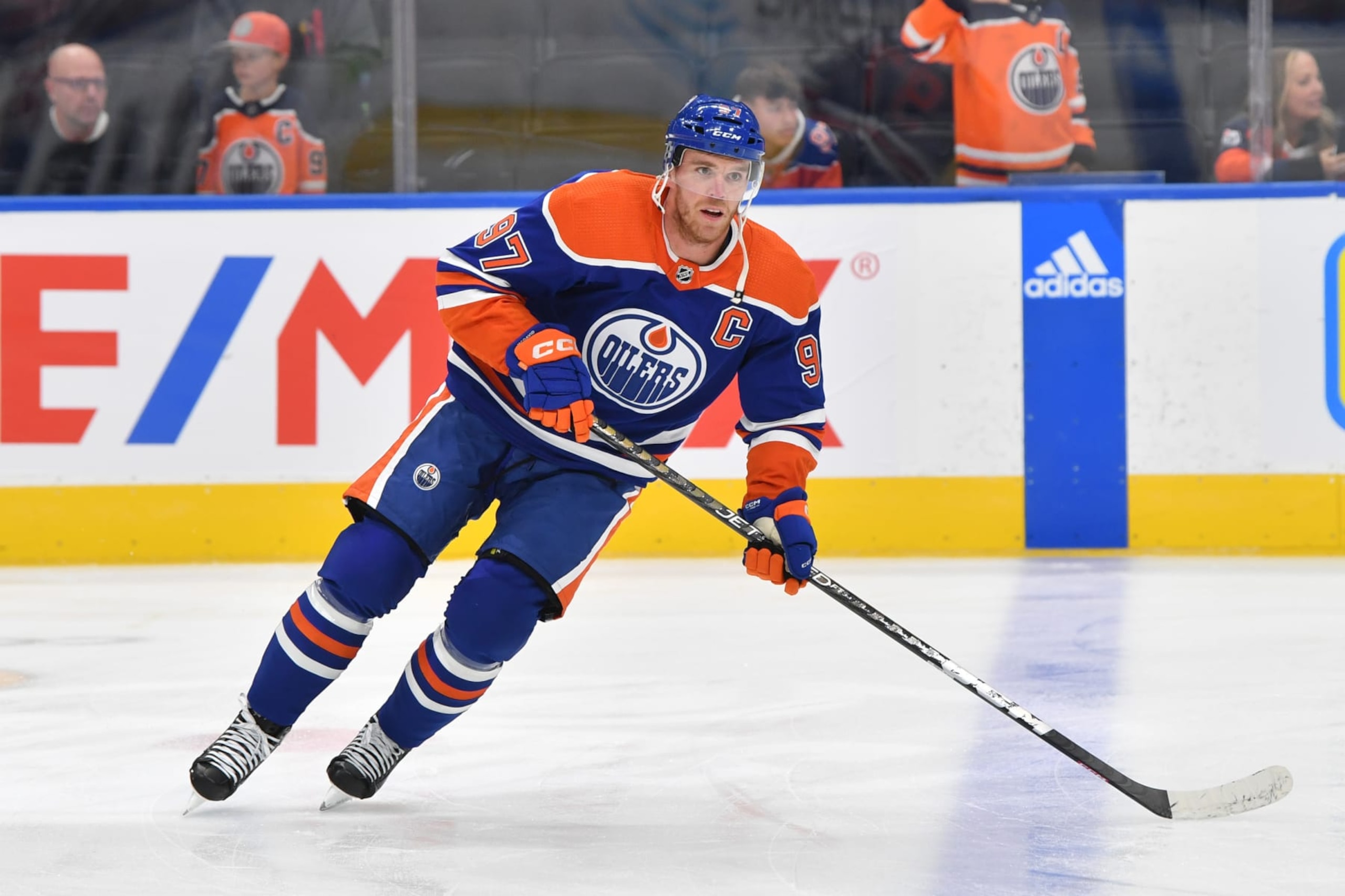 EDMONTON, CANADA - OCTOBER 15: Connor McDavid #97 of the Edmonton Oilers warms up prior to the game against the Calgary Flames on October 15, 2022 at Rogers Place in Edmonton, Alberta, Canada. (Photo by Andy Devlin/NHLI via Getty Images)