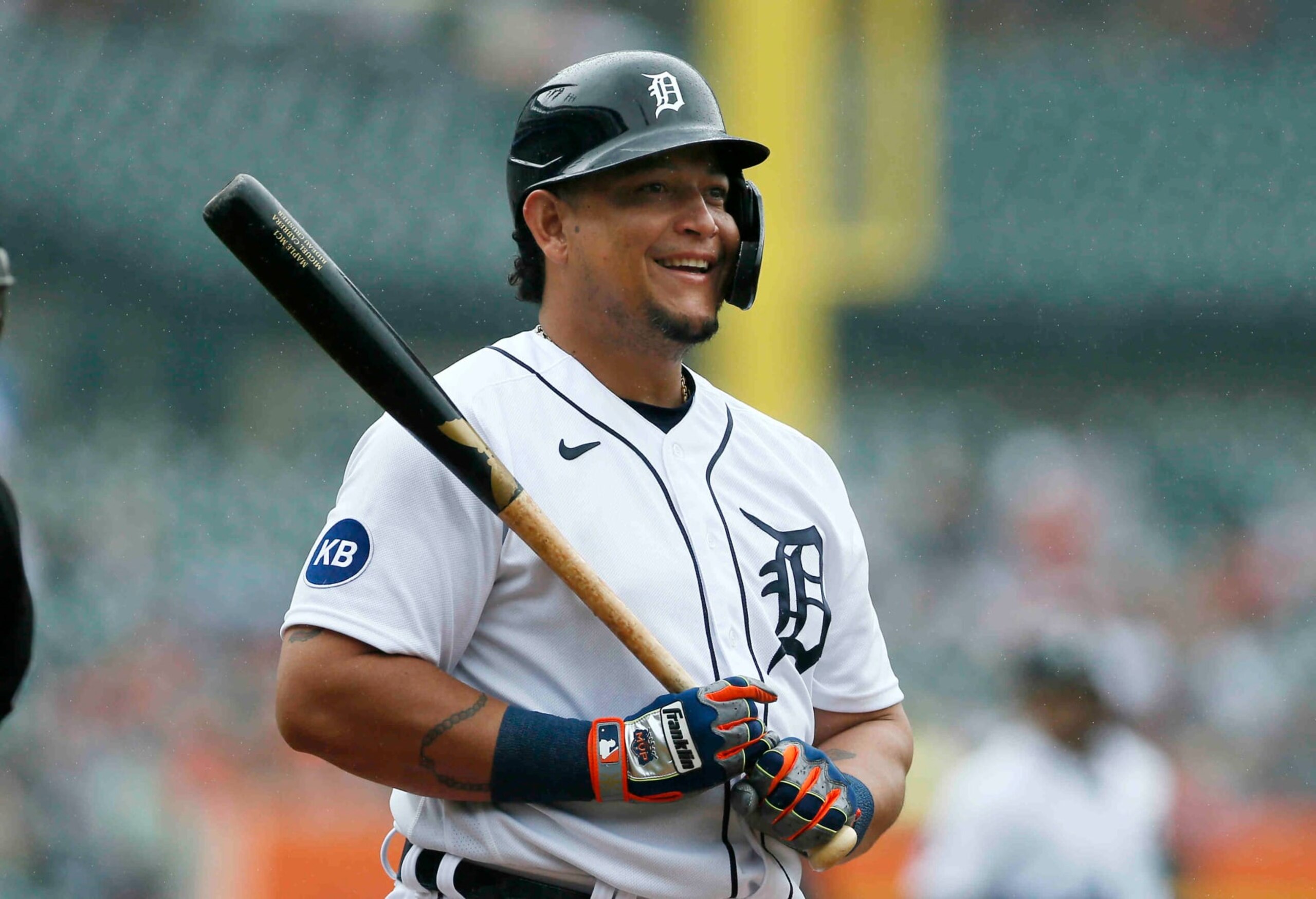 DETROIT, MI -  JULY 27:  Miguel Cabrera #24 of the Detroit Tigers smiles while batting against the San Diego Padres during the first inning at Comerica Park on July 27, 2022, in Detroit, Michigan. (Photo by Duane Burleson/Getty Images)