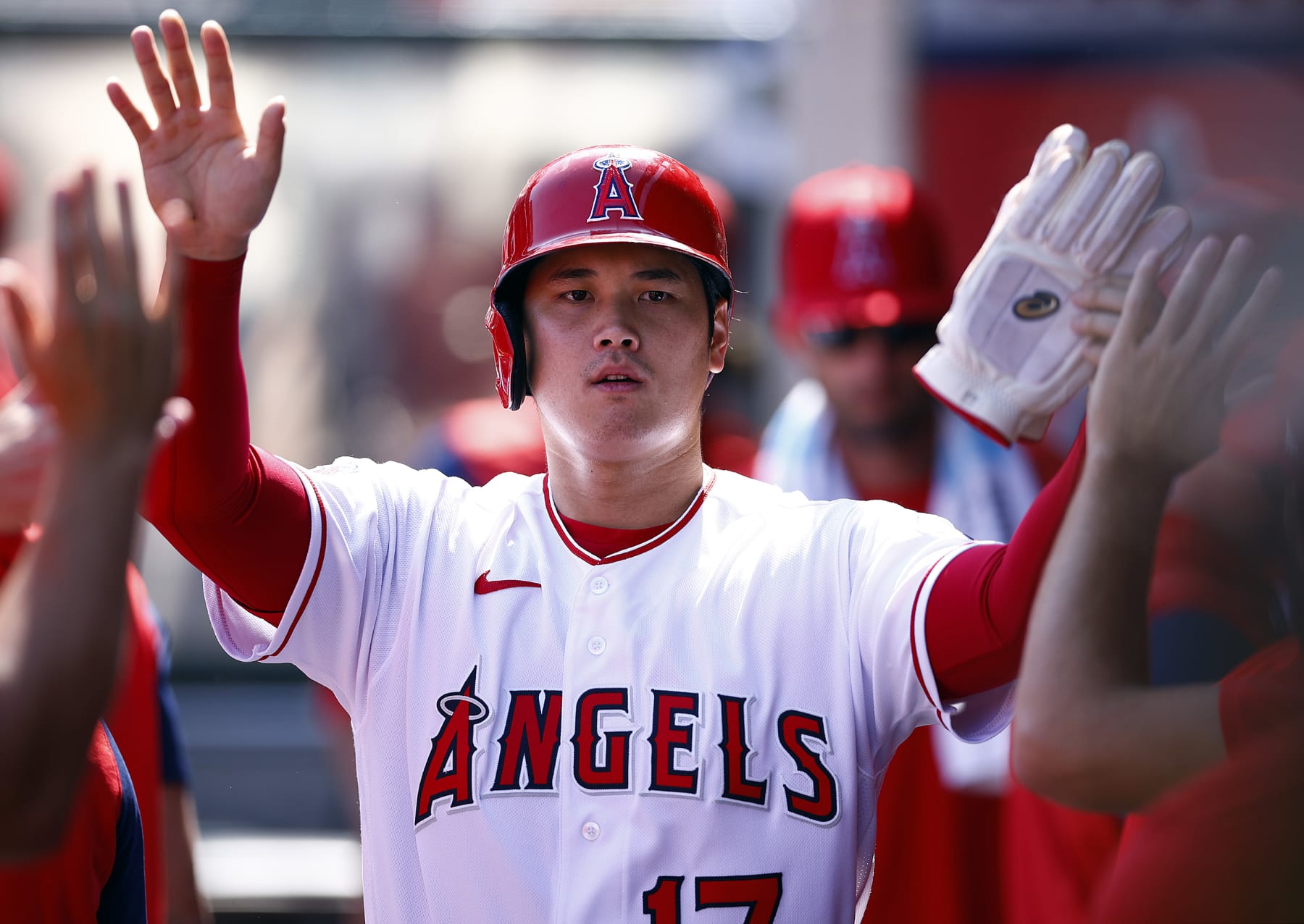 ANAHEIM, CALIFORNIA - OCTOBER 02:  Shohei Ohtani #17 of the Los Angeles Angels celebrates a run against the Texas Rangers in the first inning at Angel Stadium of Anaheim on October 02, 2022 in Anaheim, California. (Photo by Ronald Martinez/Getty Images)