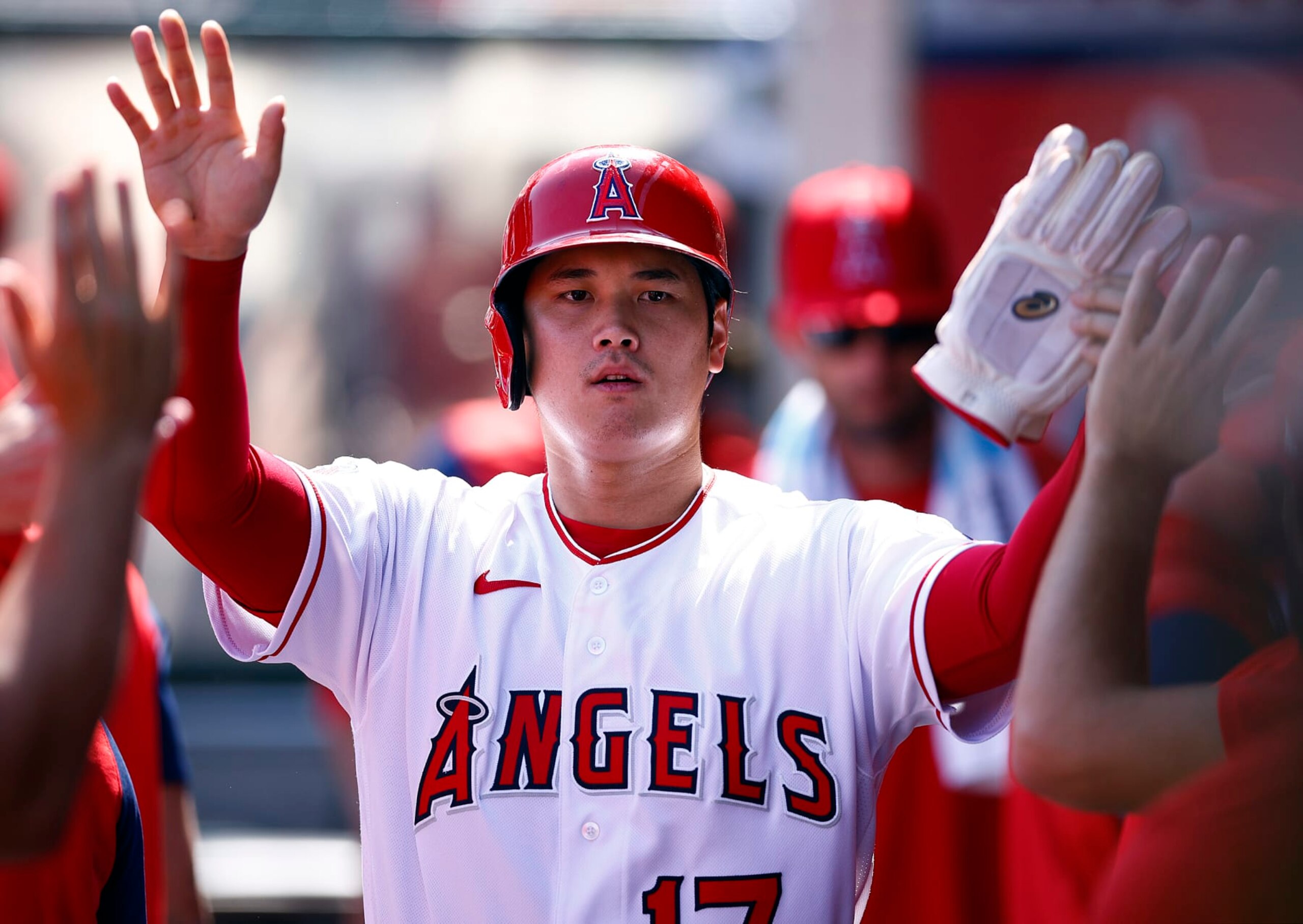ANAHEIM, CALIFORNIA - OCTOBER 02:  Shohei Ohtani #17 of the Los Angeles Angels celebrates a run against the Texas Rangers in the first inning at Angel Stadium of Anaheim on October 02, 2022 in Anaheim, California. (Photo by Ronald Martinez/Getty Images)