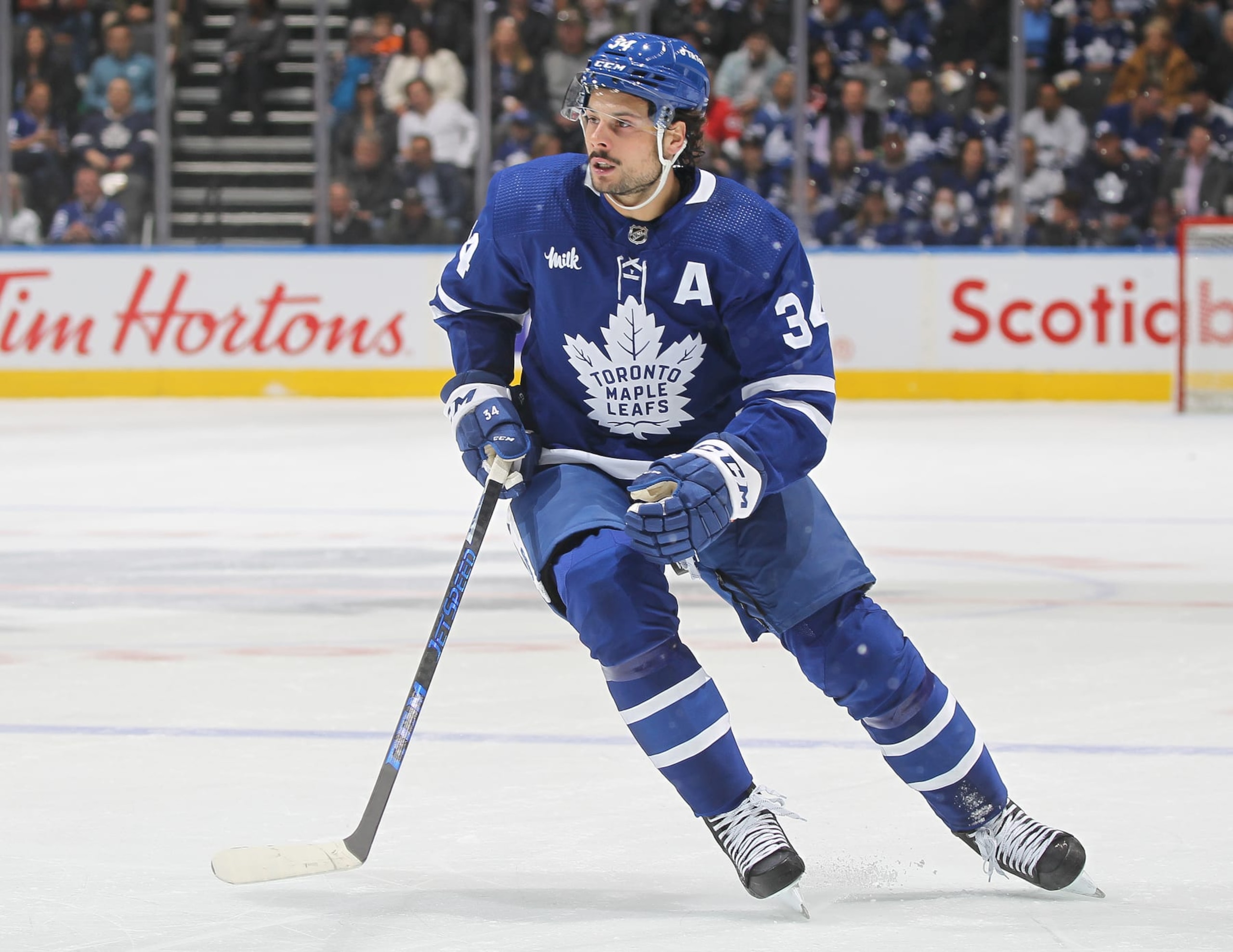 TORONTO, CANADA - OCTOBER 15:  Auston Matthews #34 of the Toronto Maple Leafs skates against the Ottawa Senators during an NHL game at Scotiabank Arena on October 15, 2022 in Toronto, Ontario, Canada. The Maple Leafs defeated the Senators 3-2. (Photo by Claus Andersen/Getty Images)