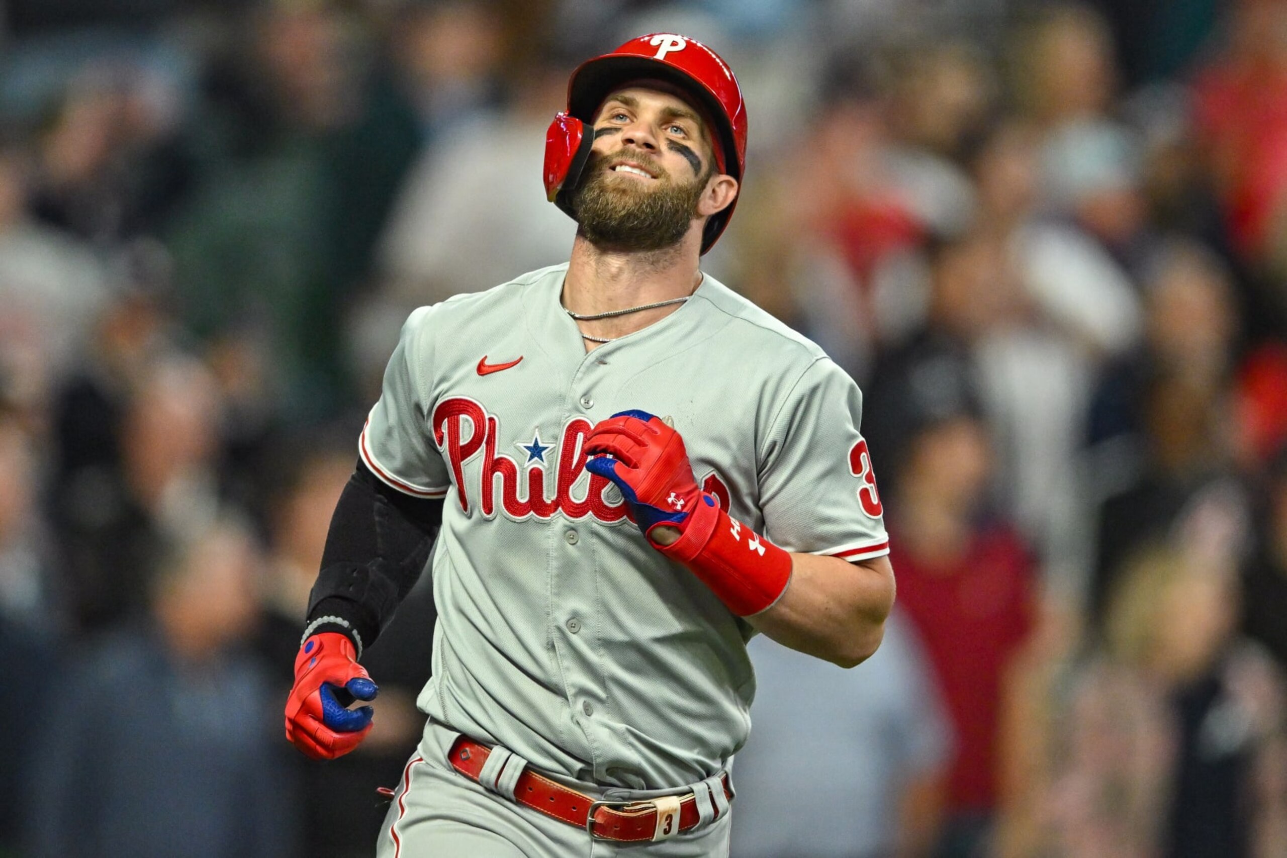 ATLANTA, GA  OCTOBER 12:  Philadelphia designated hitter Bryce Harper (3) reacts after just missing a home run during game 2 of the NLDS between the Philadelphia Phillies and the Atlanta Braves on October 12th, 2022 at Truist Park in Atlanta, GA. (Photo by Rich von Biberstein/Icon Sportswire via Getty Images)