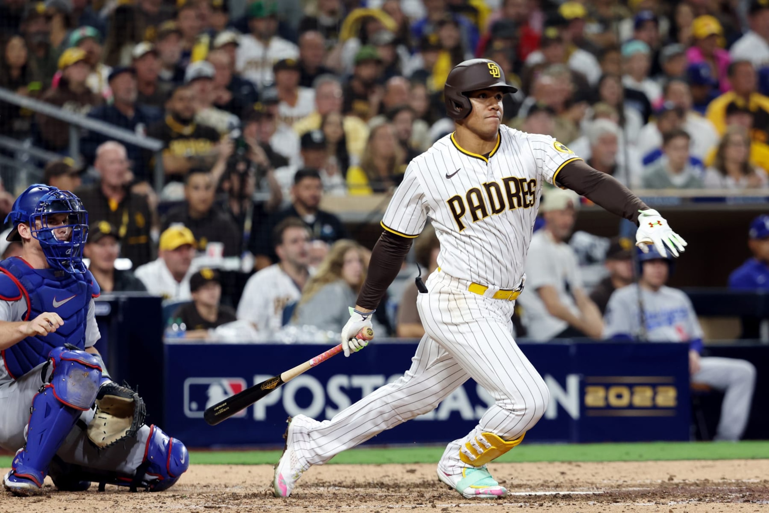 SAN DIEGO, CA - OCTOBER 15:  Juan Soto #22 of the San Diego Padres bats during the game between the Los Angeles Dodgers and the San Diego Padres at Petco Park on Saturday, October 15, 2022 in San Diego, California. (Photo by Rob Leiter/MLB Photos via Getty Images)
