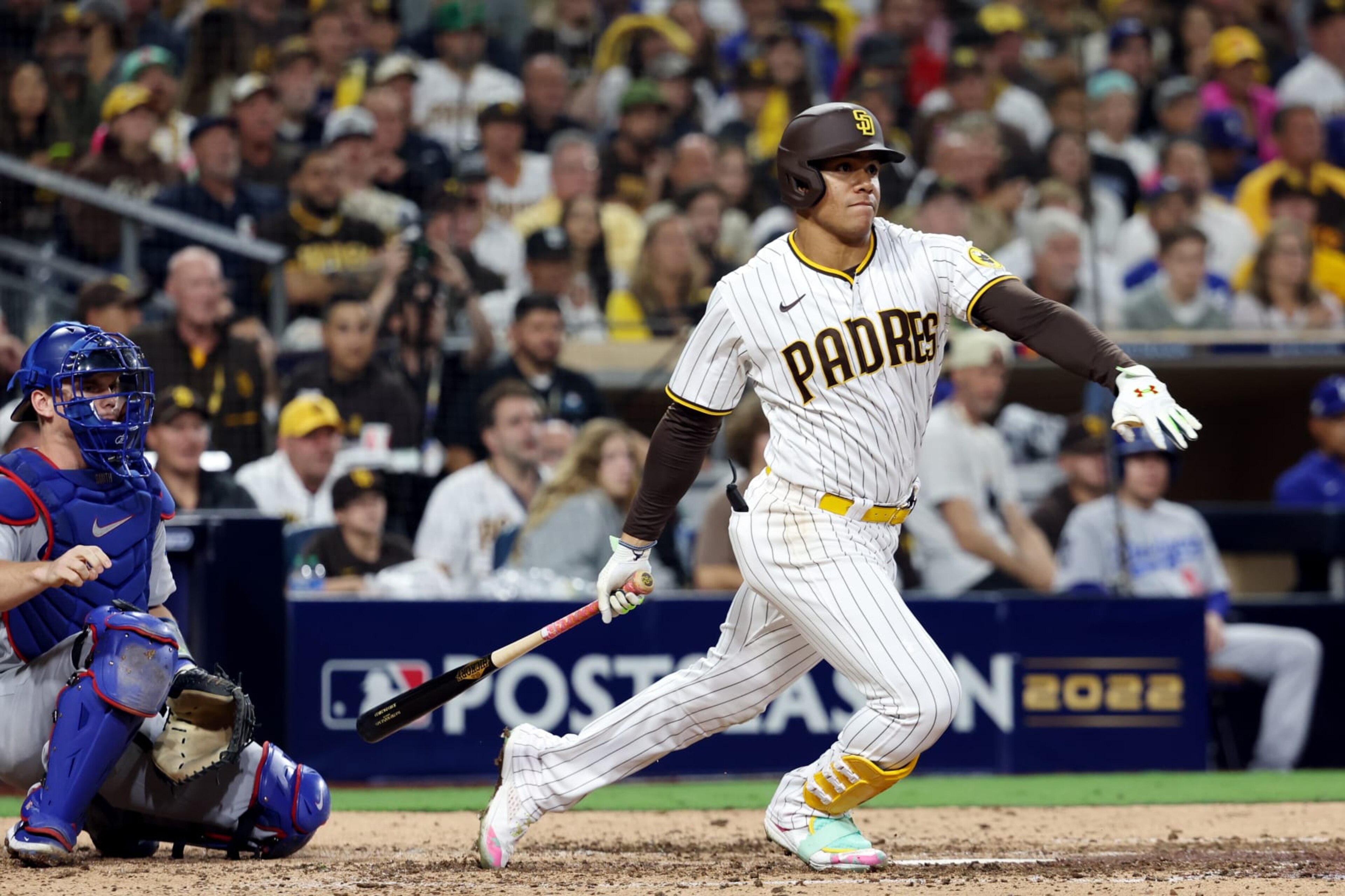 SAN DIEGO, CA - OCTOBER 15:  Juan Soto #22 of the San Diego Padres bats during the game between the Los Angeles Dodgers and the San Diego Padres at Petco Park on Saturday, October 15, 2022 in San Diego, California. (Photo by Rob Leiter/MLB Photos via Getty Images)