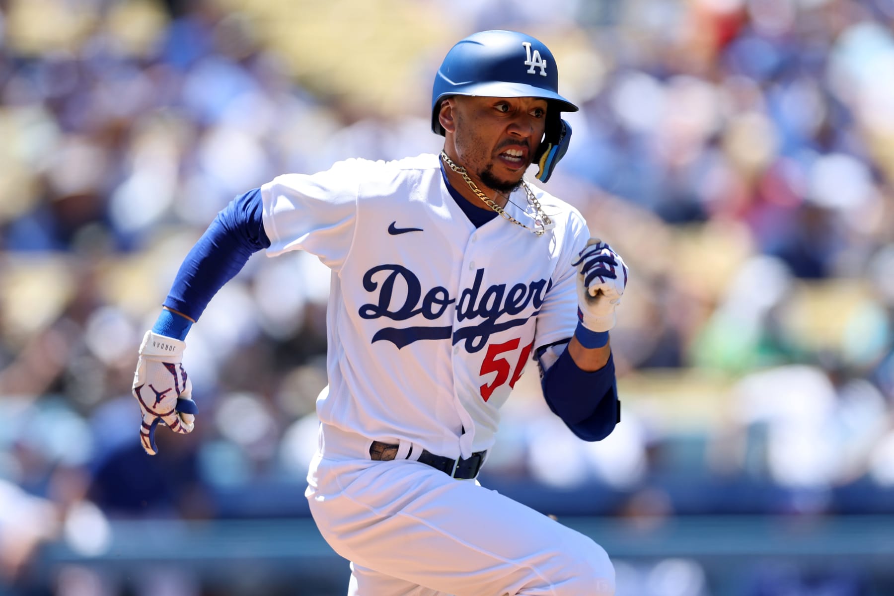 LOS ANGELES, CA - JUNE 5:  Mookie Betts #50 of the Los Angeles Dodgers runs during the game against the New York Mets at Dodger Stadium on June 5, 2022 in Los Angeles, California. The Mets defeated the Dodgers 5-4. (Photo by Rob Leiter/MLB Photos via Getty Images)