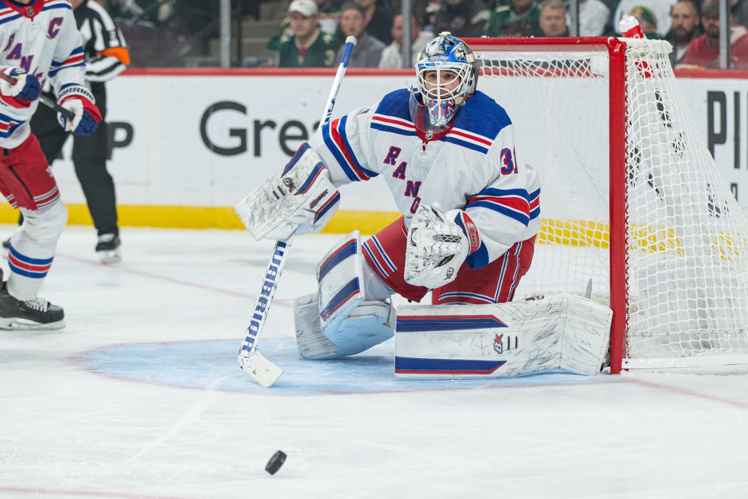 SAINT PAUL, MN - OCTOBER 13: New York Rangers Goalie Igor Shesterkin (31) makes a save during the NHL game between the New York Rangers and Minnesota Wild on October 13th, 2022, at Xcel Energy Center in Saint Paul, MN. (Photo by Bailey Hillesheim/Icon Sportswire via Getty Images)