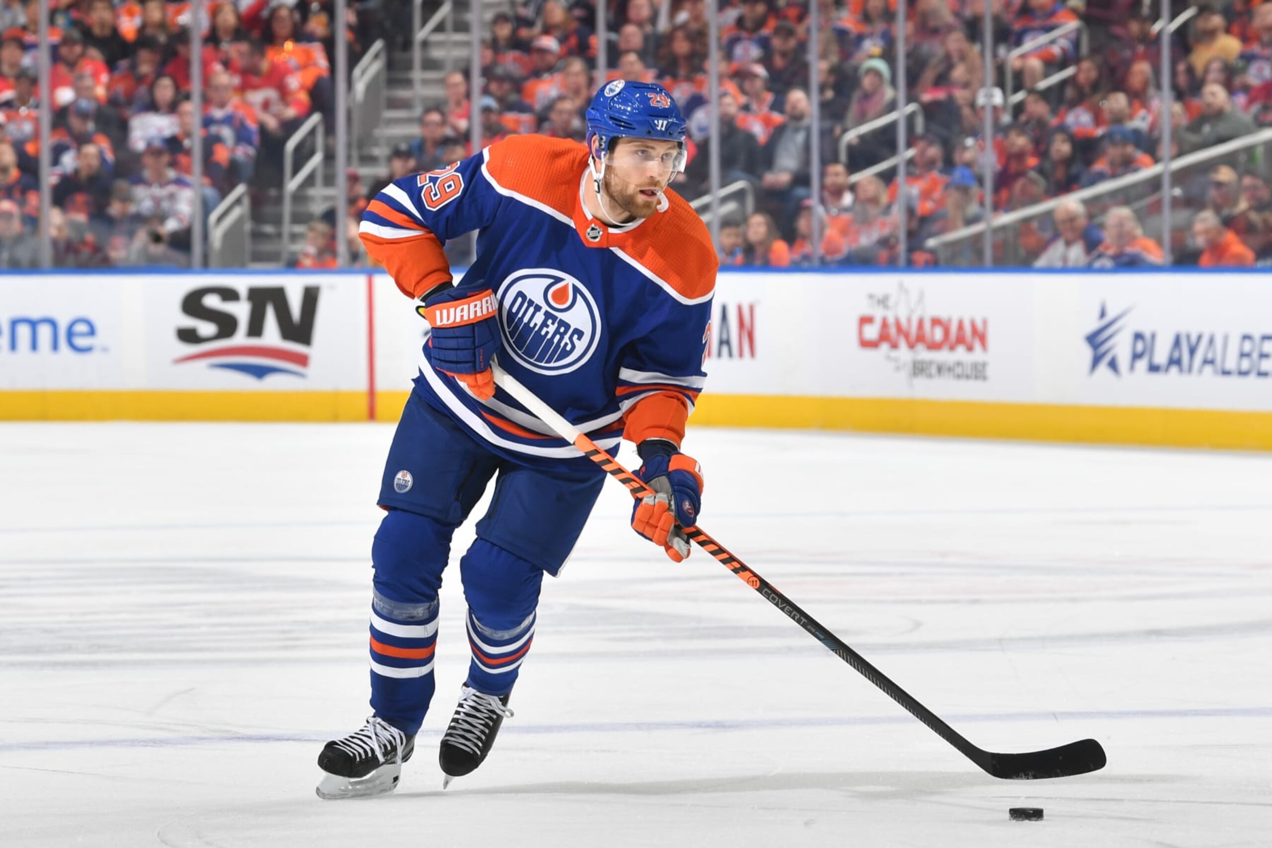 EDMONTON, CANADA - OCTOBER 15:  Leon Draisaitl #29 of the Edmonton Oilers skates during the game against the Calgary Flames on October 15, 2022 at Rogers Place in Edmonton, Alberta, Canada. (Photo by Andy Devlin/NHLI via Getty Images)