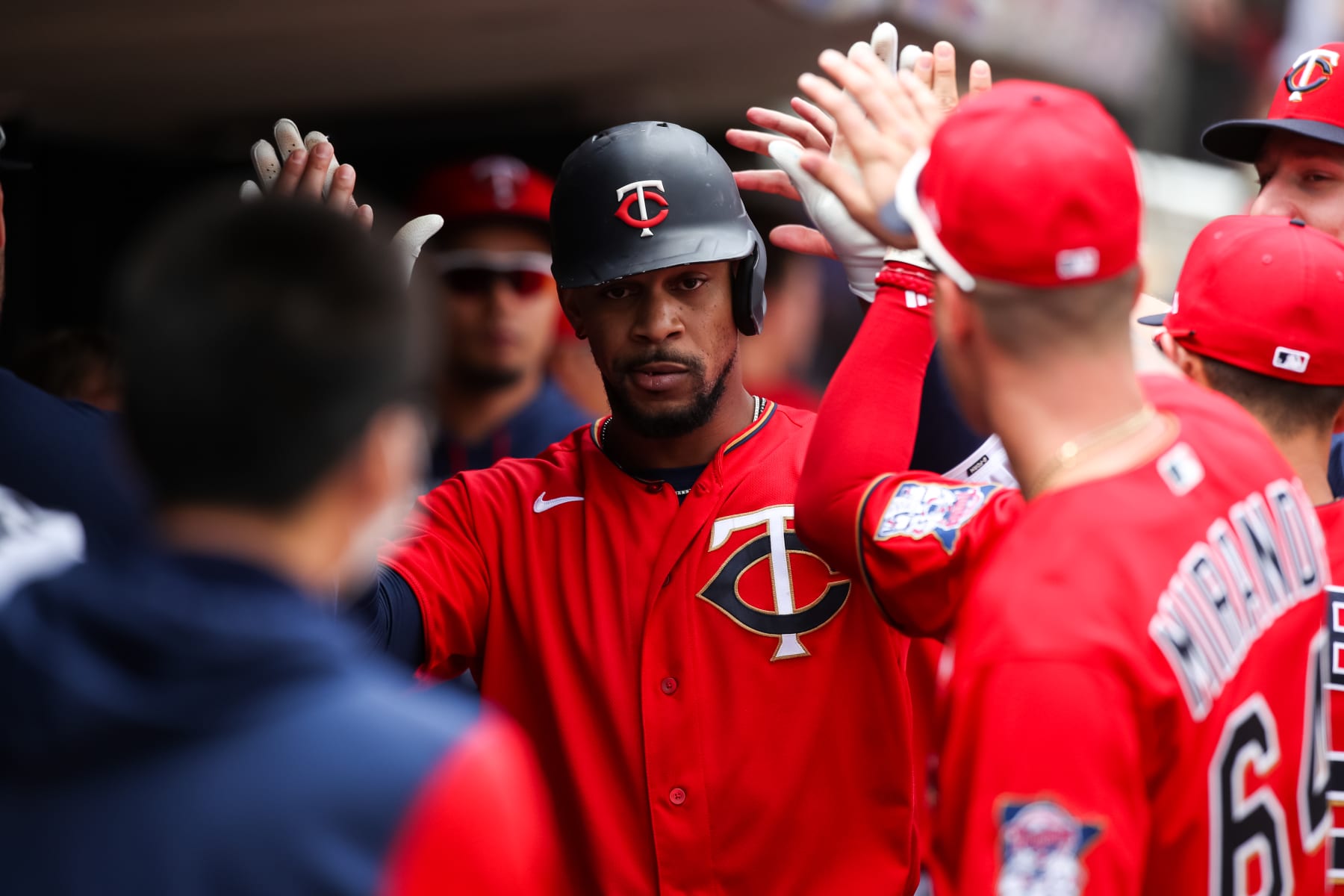 MINNEAPOLIS, MN - MAY 15: Byron Buxton #25 of the Minnesota Twins celebrates his solo home run with teammates in the fifth inning of the game against the Cleveland Guardians at Target Field on May 15, 2022 in Minneapolis, Minnesota. The Twins defeated the Guardians 3-1. (Photo by David Berding/Getty Images)