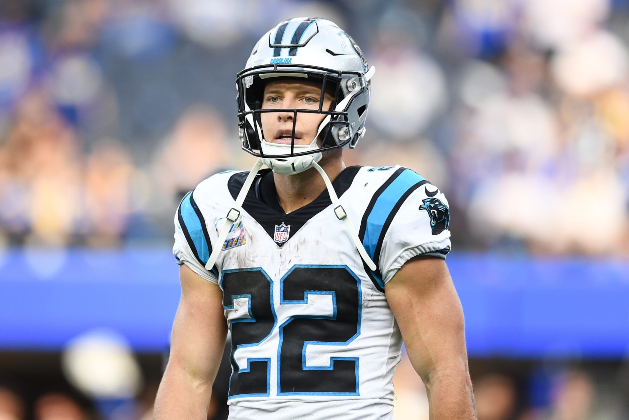 INGLEWOOD, CA - OCTOBER 16: Carolina Panthers Running Back Christian McCaffrey (22) looks on during the NFL game between the Carolina Panthers and the Los Angeles Rams on October 16, 2022, at SoFi Stadium in Inglewood, CA. (Photo by Brian Rothmuller/Icon Sportswire via Getty Images) INGLEWOOD, CA - OCTOBER 16: Carolina Panthers Running Back Christian McCaffrey (22) looks on during the NFL game between the Carolina Panthers and the Los Angeles Rams on October 16, 2022, at SoFi Stadium in Inglewood, CA. (Photo by Brian Rothmuller/Icon Sportswire via Getty Images)