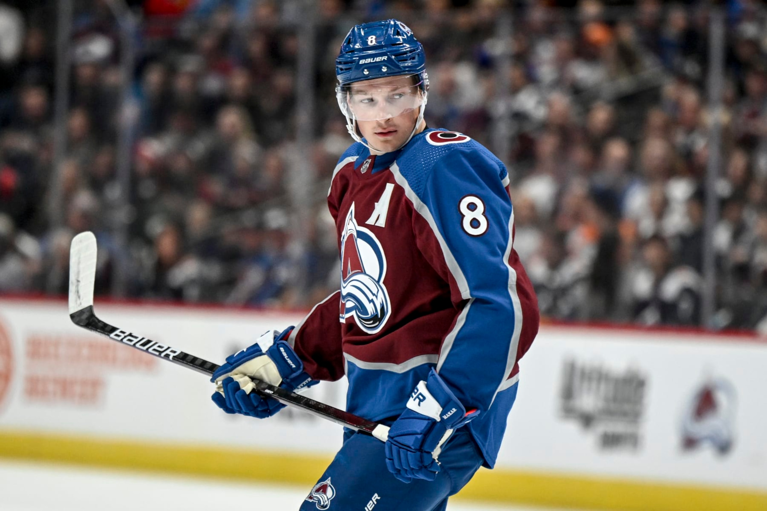 DENVER, CO - OCTOBER 12: Cale Makar (8) of the Colorado Avalanche resets before a face-off against the Chicago Blackhawks during the first period at Ball Arena in Denver on Wednesday, October 12, 2022. (Photo by AAron Ontiveroz/MediaNews Group/The Denver Post via Getty Images)