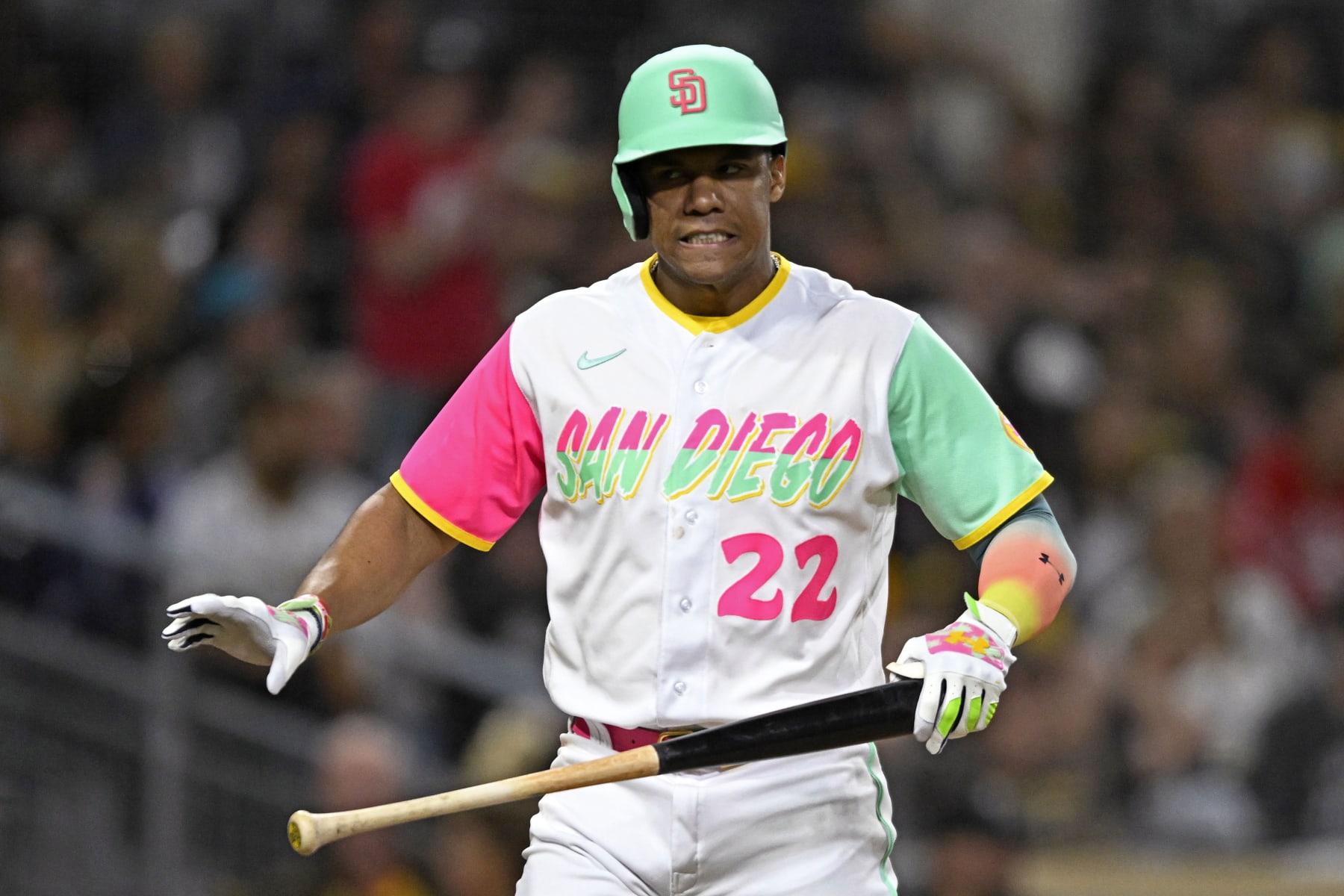 SAN DIEGO, CA - SEPTEMBER 30: Juan Soto #22 of the San Diego Padres reacts after striking out during the seventh inning of a baseball game against the Chicago White Sox September 30, 2022 at Petco Park in San Diego, California. (Photo by Denis Poroy/Getty Images)