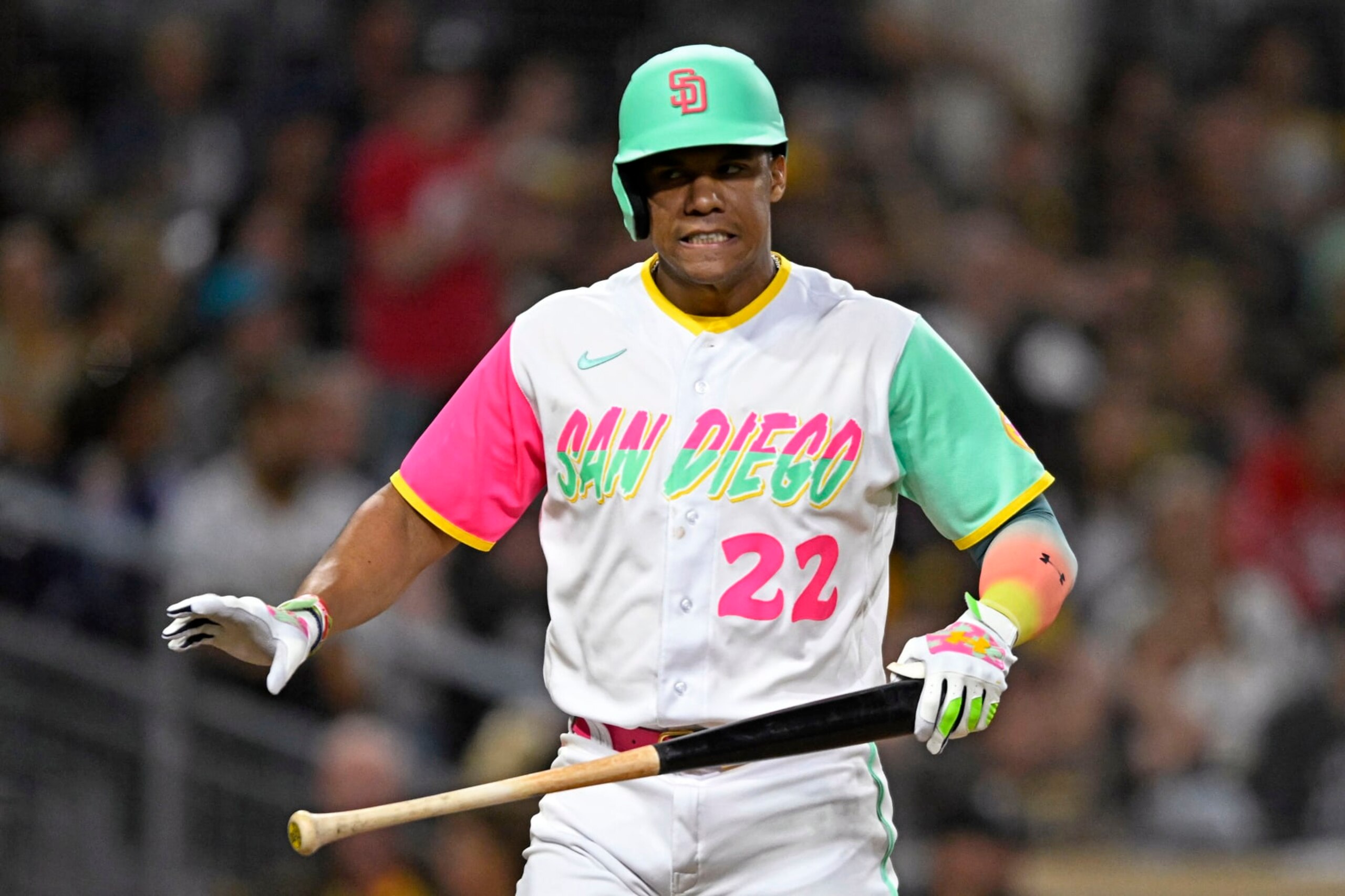 SAN DIEGO, CA - SEPTEMBER 30: Juan Soto #22 of the San Diego Padres reacts after striking out during the seventh inning of a baseball game against the Chicago White Sox September 30, 2022 at Petco Park in San Diego, California. (Photo by Denis Poroy/Getty Images)