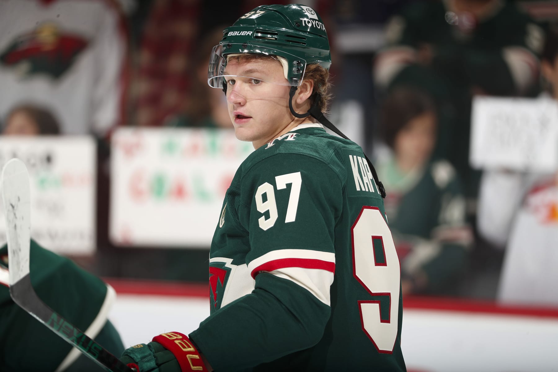 SAINT PAUL, MN - OCTOBER 13: Kirill Kaprizov #97 of the Minnesota Wild warms up prior to the game against the New York Rangers at the Xcel Energy Center on October 13, 2022 in Saint Paul, Minnesota. (Photo by Bruce Kluckhohn/NHLI via Getty Images)