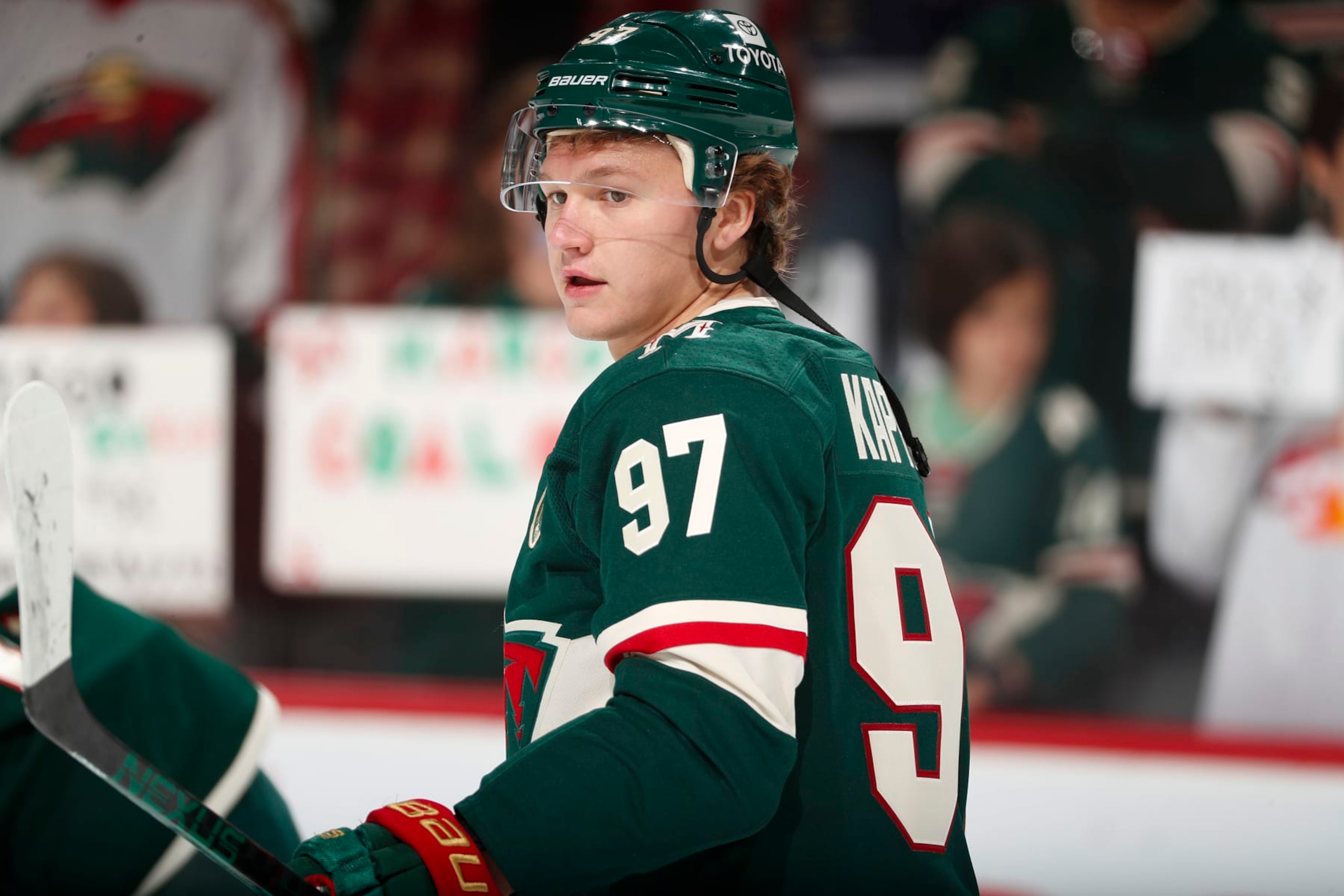 SAINT PAUL, MN - OCTOBER 13: Kirill Kaprizov #97 of the Minnesota Wild warms up prior to the game against the New York Rangers at the Xcel Energy Center on October 13, 2022 in Saint Paul, Minnesota. (Photo by Bruce Kluckhohn/NHLI via Getty Images)