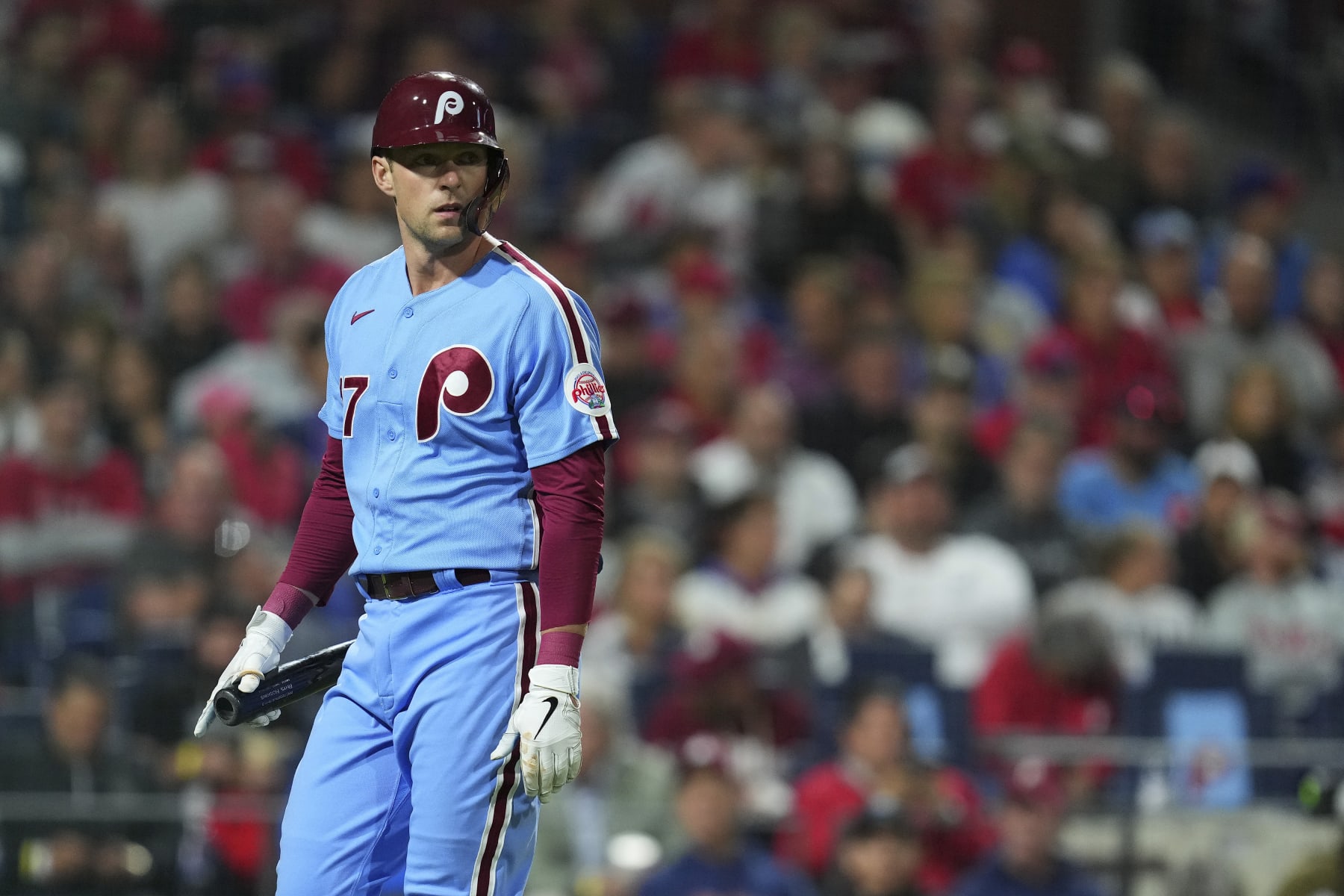 PHILADELPHIA, PA - SEPTEMBER 22: Rhys Hoskins #17 of the Philadelphia Phillies looks on against the Atlanta Braves at Citizens Bank Park on September 22, 2022 in Philadelphia, Pennsylvania. The Philadelphia Phillies defeated the Atlanta Braves 1-0. (Photo by Mitchell Leff/Getty Images)
