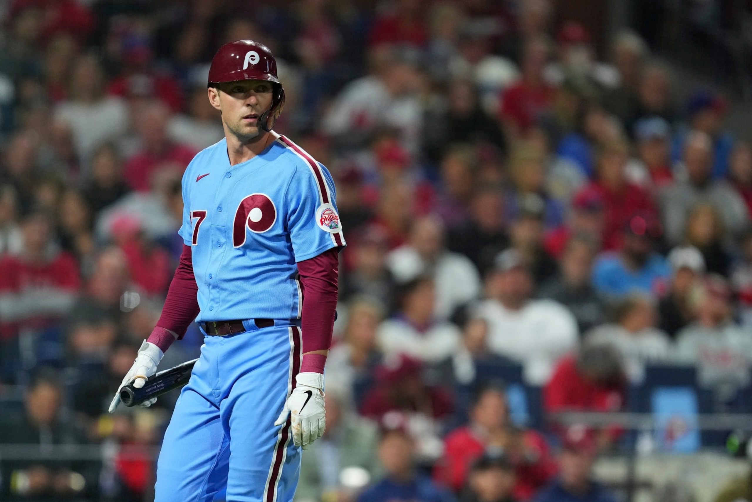 PHILADELPHIA, PA - SEPTEMBER 22: Rhys Hoskins #17 of the Philadelphia Phillies looks on against the Atlanta Braves at Citizens Bank Park on September 22, 2022 in Philadelphia, Pennsylvania. The Philadelphia Phillies defeated the Atlanta Braves 1-0. (Photo by Mitchell Leff/Getty Images)