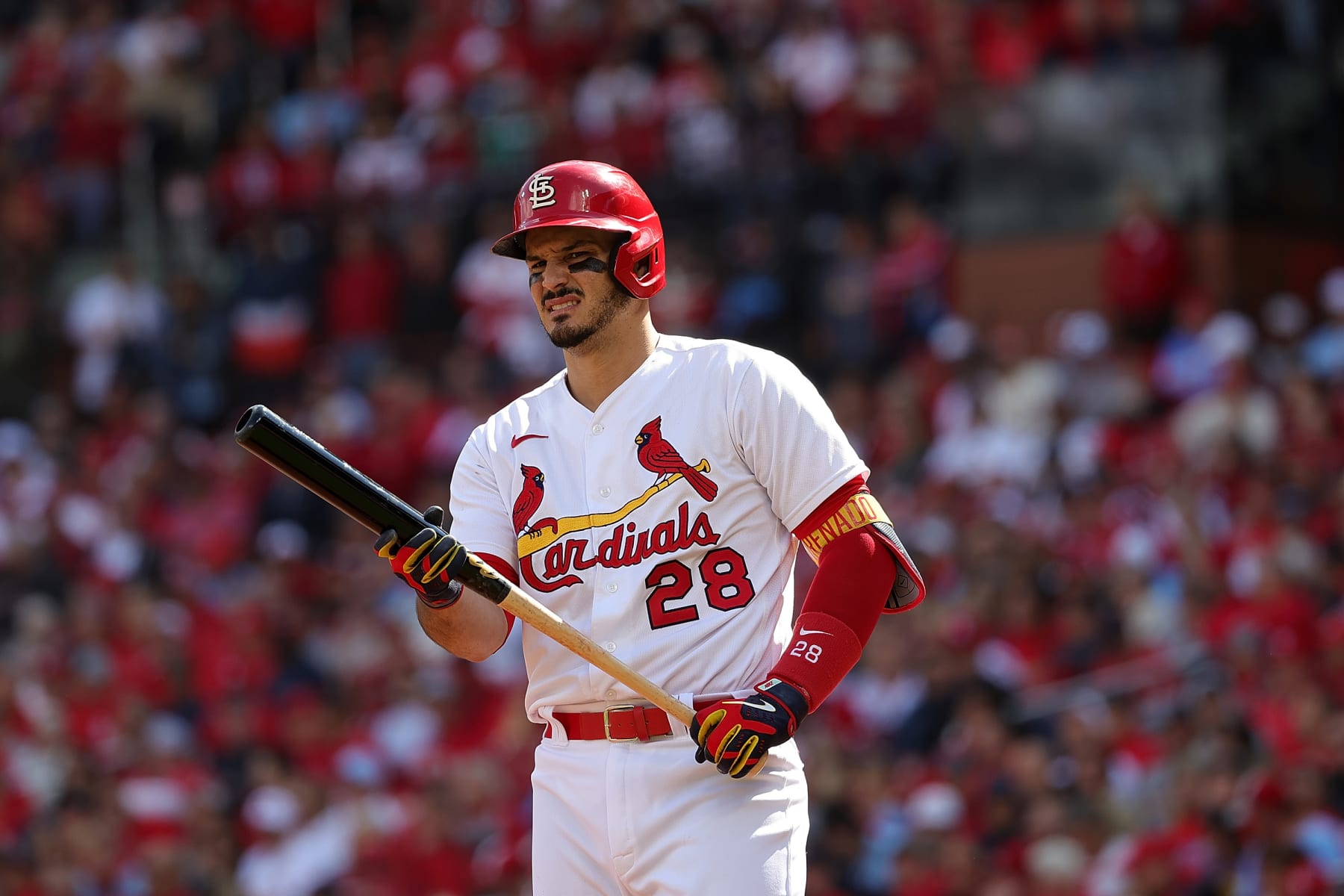 ST LOUIS, MISSOURI - OCTOBER 07: Nolan Arenado #28 of the St. Louis Cardinals at bat during the first inning against the Philadelphia Phillies during Game One of the NL Wild Card series at Busch Stadium on October 07, 2022 in St Louis, Missouri. (Photo by Stacy Revere/Getty Images)
