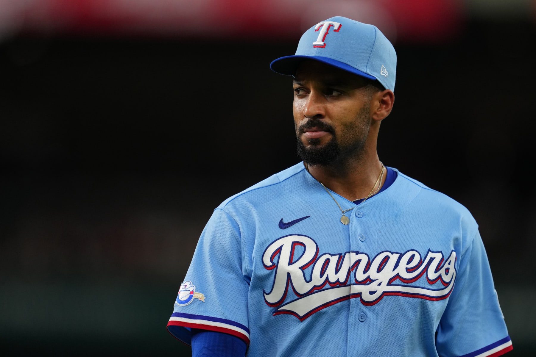 ARLINGTON, TX - MAY 15: Marcus Semien #2 of the Texas Rangers looks on during the game between the Boston Red Sox and the Texas Rangers at Globe Life Field on Sunday, May 15, 2022 in Arlington, Texas. (Photo by Cooper Neill/MLB Photos via Getty Images)