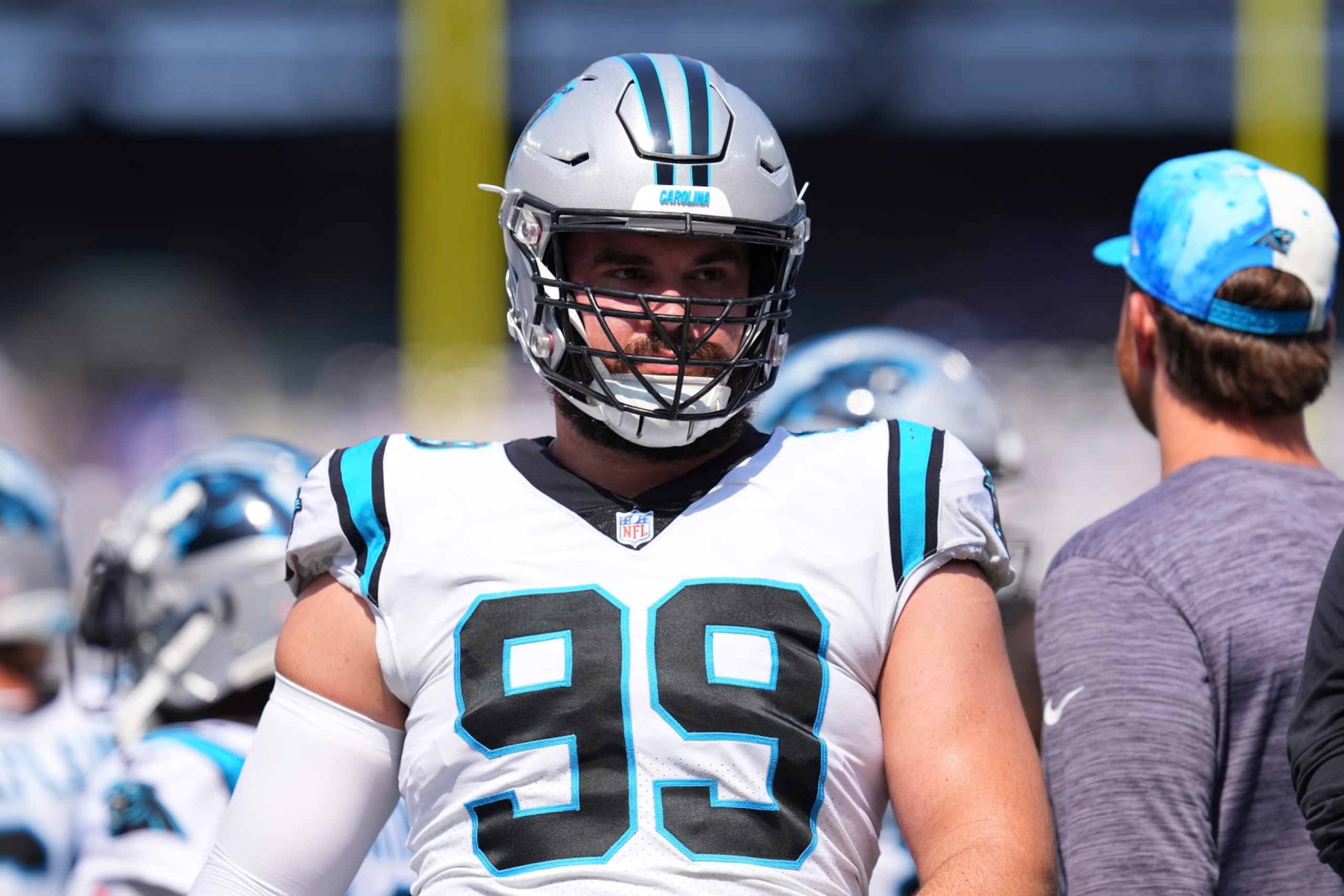 EAST RUTHERFORD, NJ - SEPTEMBER 18: Matt Ioannidis #99 of the Carolina Panthers looks on prior to the game against the New York Giants at MetLife Stadium on September 18, 2022 in East Rutherford, New Jersey. (Photo by Mitchell Leff/Getty Images) EAST RUTHERFORD, NJ - SEPTEMBER 18: Matt Ioannidis #99 of the Carolina Panthers looks on prior to the game against the New York Giants at MetLife Stadium on September 18, 2022 in East Rutherford, New Jersey. (Photo by Mitchell Leff/Getty Images)