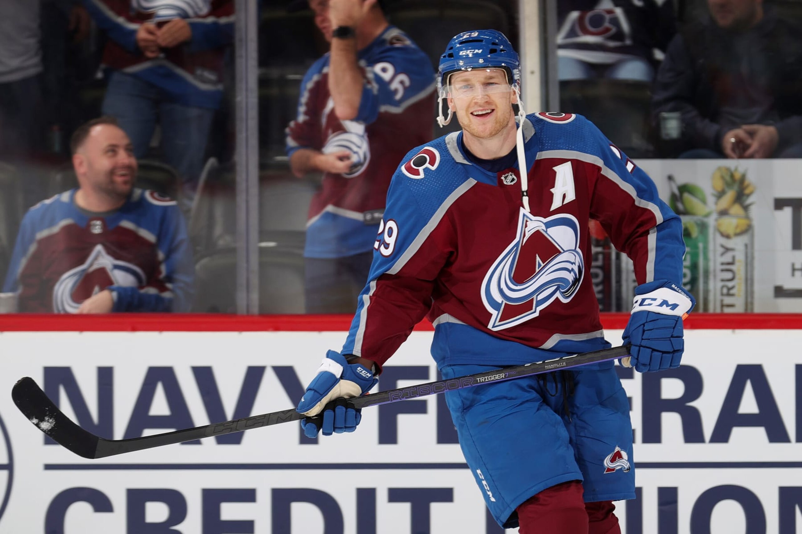DENVER, COLORADO - OCTOBER 12: Nathan MacKinnon #29 of the Colorado Avalanche warms up prior to the game against the Chicago Blackhawks at Ball Arena on October 12, 2022 in Denver, Colorado. (Photo by Michael Martin/NHLI via Getty Images)