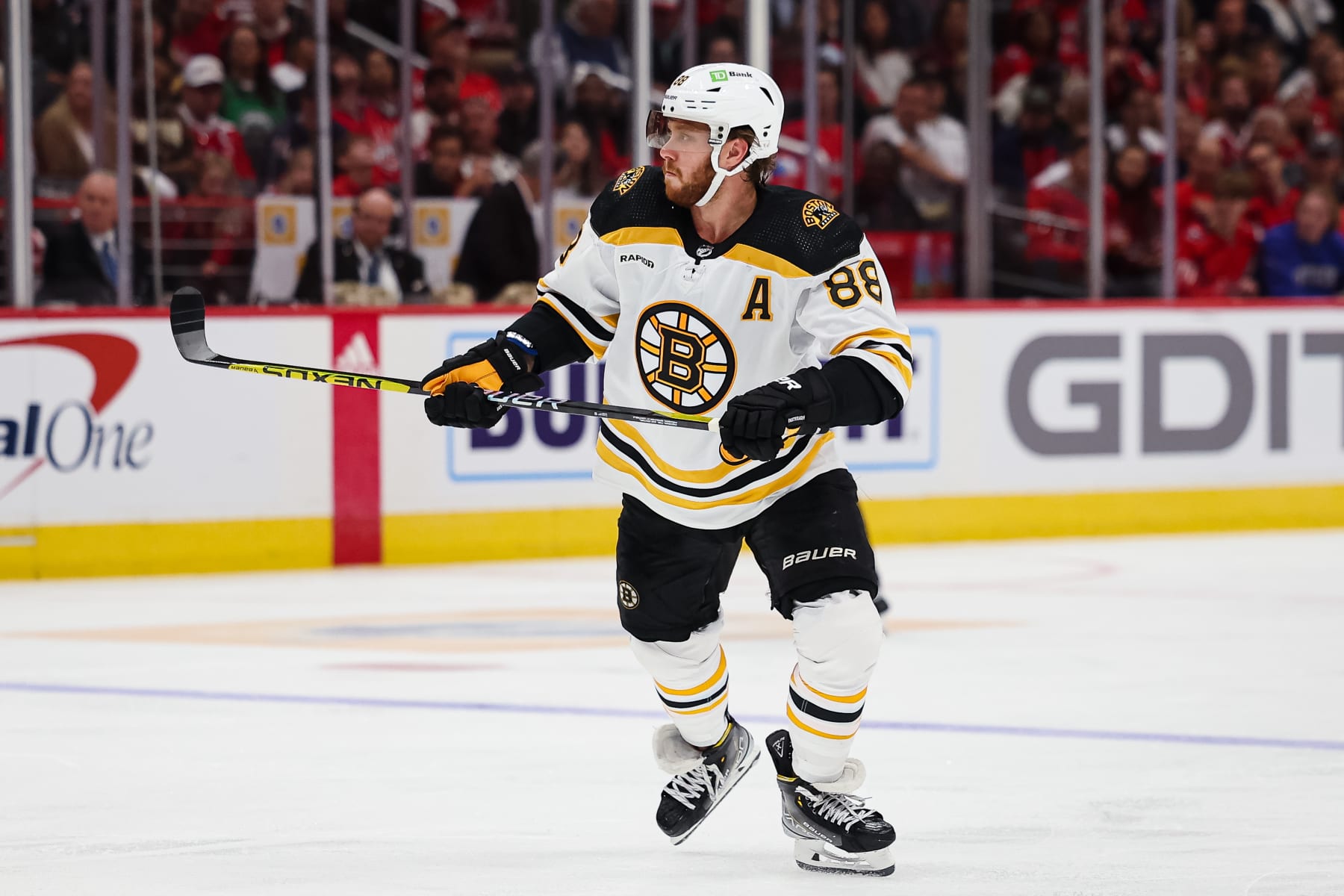 WASHINGTON, DC - OCTOBER 12: David Pastrnak #88 of the Boston Bruins in action against the Washington Capitals during the third period of the game at Capital One Arena on October 12, 2022 in Washington, DC. (Photo by Scott Taetsch/Getty Images)