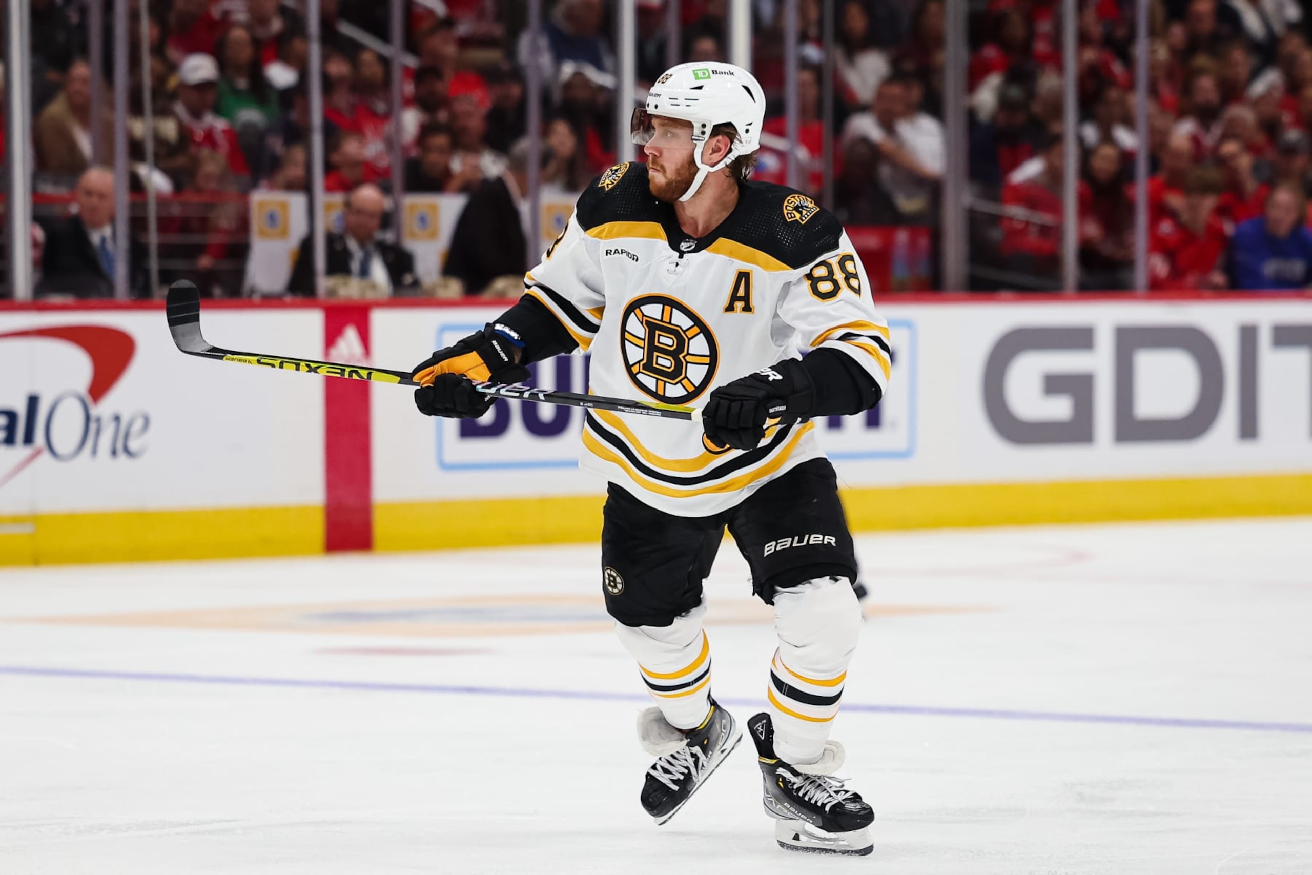 WASHINGTON, DC - OCTOBER 12: David Pastrnak #88 of the Boston Bruins in action against the Washington Capitals during the third period of the game at Capital One Arena on October 12, 2022 in Washington, DC. (Photo by Scott Taetsch/Getty Images)