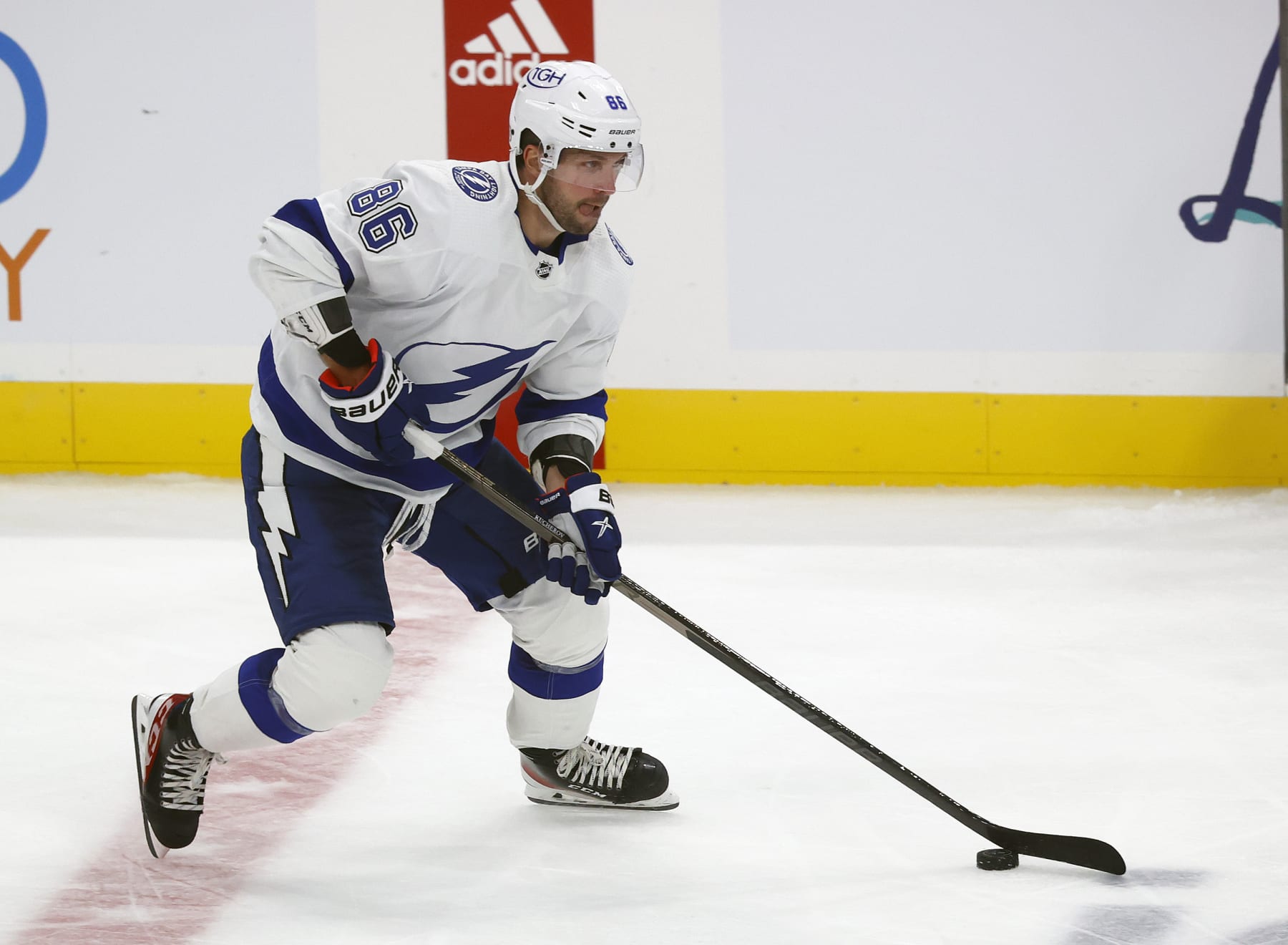 SUNRISE, FL - OCTOBER 6: Nikita Kucherov #86 of the Tampa Bay Lightning skates with the puck against the Florida Panthers at the FLA Live Arena during an NHL preseason game on October 6, 2022 in Sunrise, Florida. (Photo by Joel Auerbach/Getty Images)