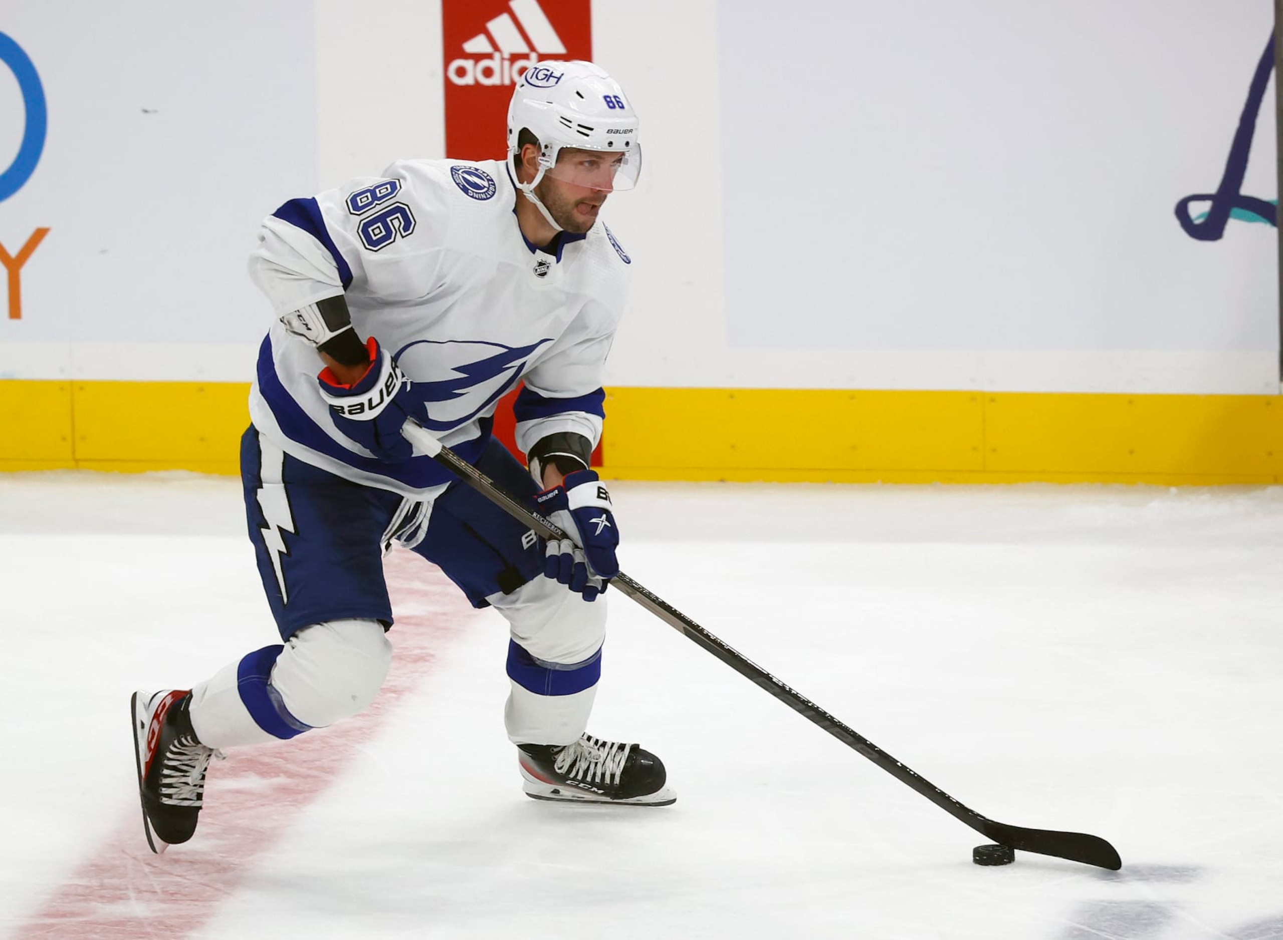 SUNRISE, FL - OCTOBER 6: Nikita Kucherov #86 of the Tampa Bay Lightning skates with the puck against the Florida Panthers at the FLA Live Arena during an NHL preseason game on October 6, 2022 in Sunrise, Florida. (Photo by Joel Auerbach/Getty Images)