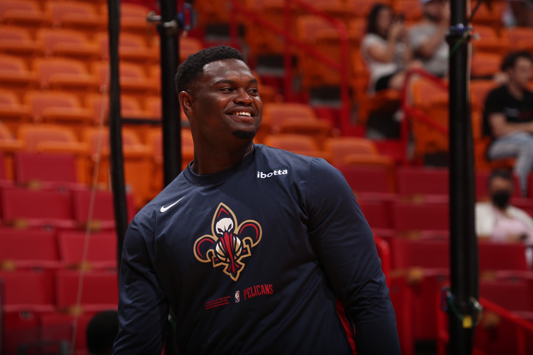MIAMI, FL - OCTOBER 12: Zion Williamson #1 of the New Orleans Pelicans looks on during warm ups before the preseason game against the Miami Heat on October 12, 2022 at FTX Arena in Miami, Florida. NOTE TO USER: User expressly acknowledges and agrees that, by downloading and or using this Photograph, user is consenting to the terms and conditions of the Getty Images License Agreement. Mandatory Copyright Notice: Copyright 2022 NBAE (Photo by Issac Baldizon/NBAE via Getty Images)